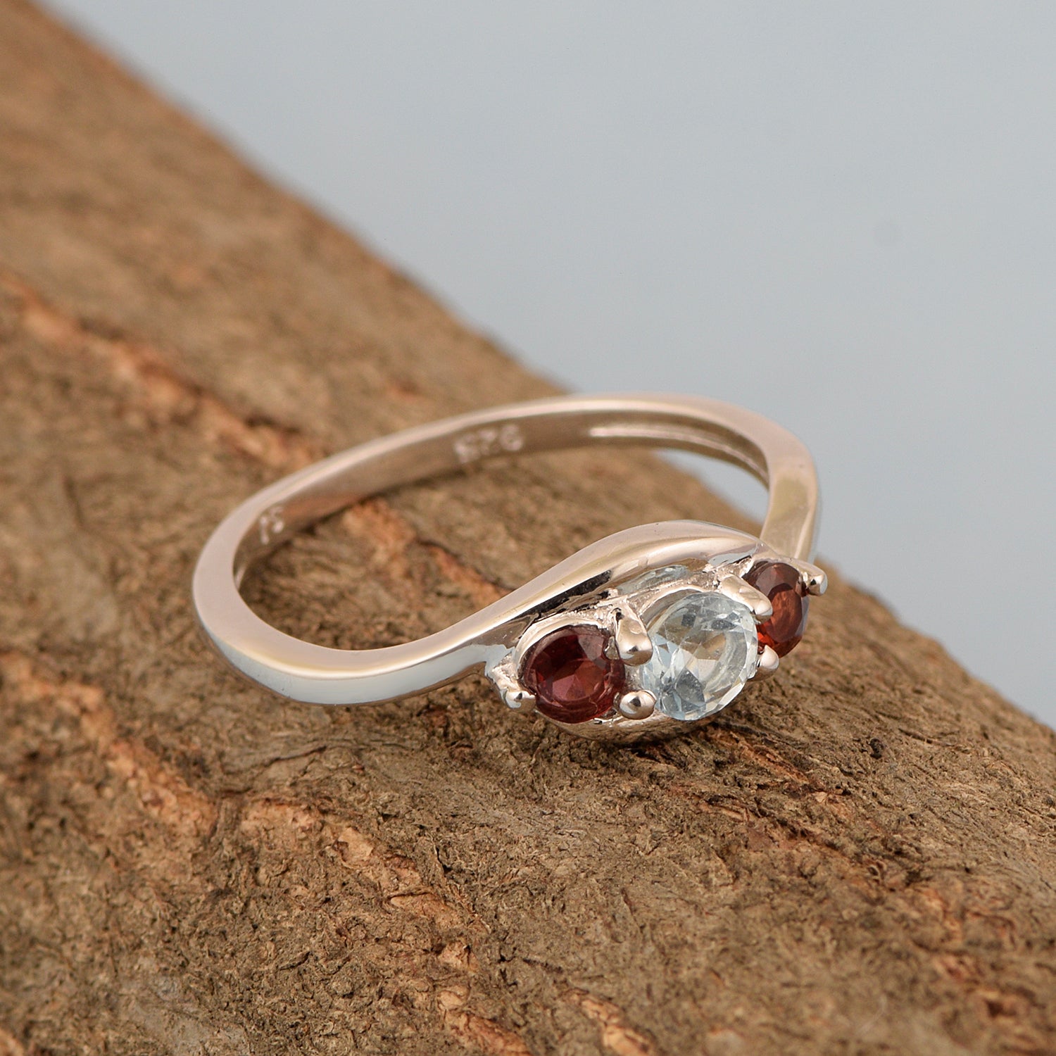 925 Sterling Silver 0.55 Ctw Aquamarine 3-Stone Women's Engagement Ring - Kimaya INC