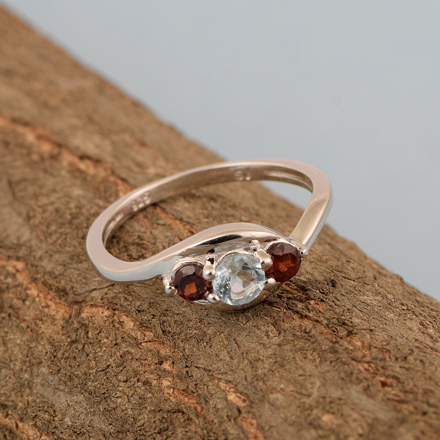 925 Sterling Silver Three-Stone Oval 1.35 Ctw Swiss Blue Topaz Women's Ring - Kimaya INC
