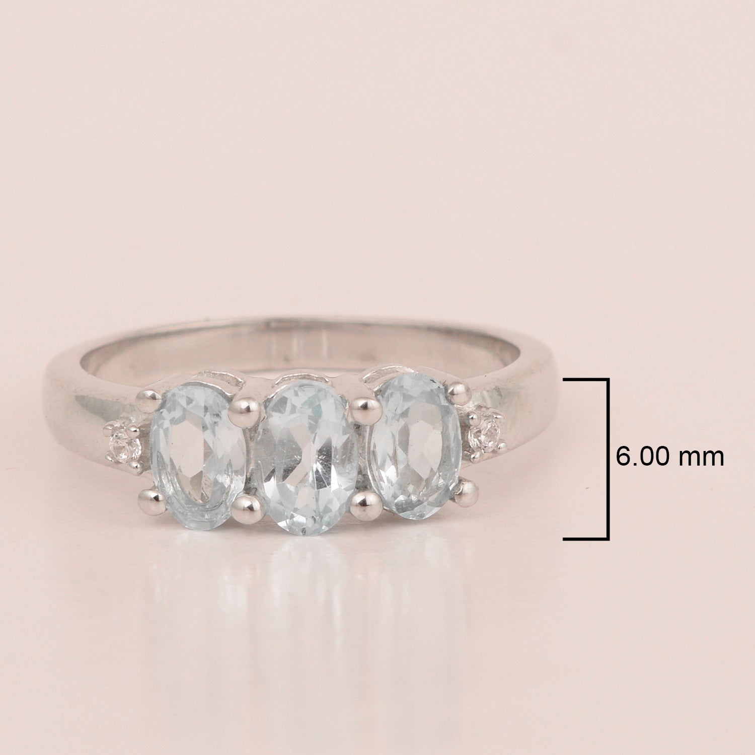925 Sterling Silver Three-Stone Oval 1.35 Ctw Aquamarine Women's Ring - Kimaya INC