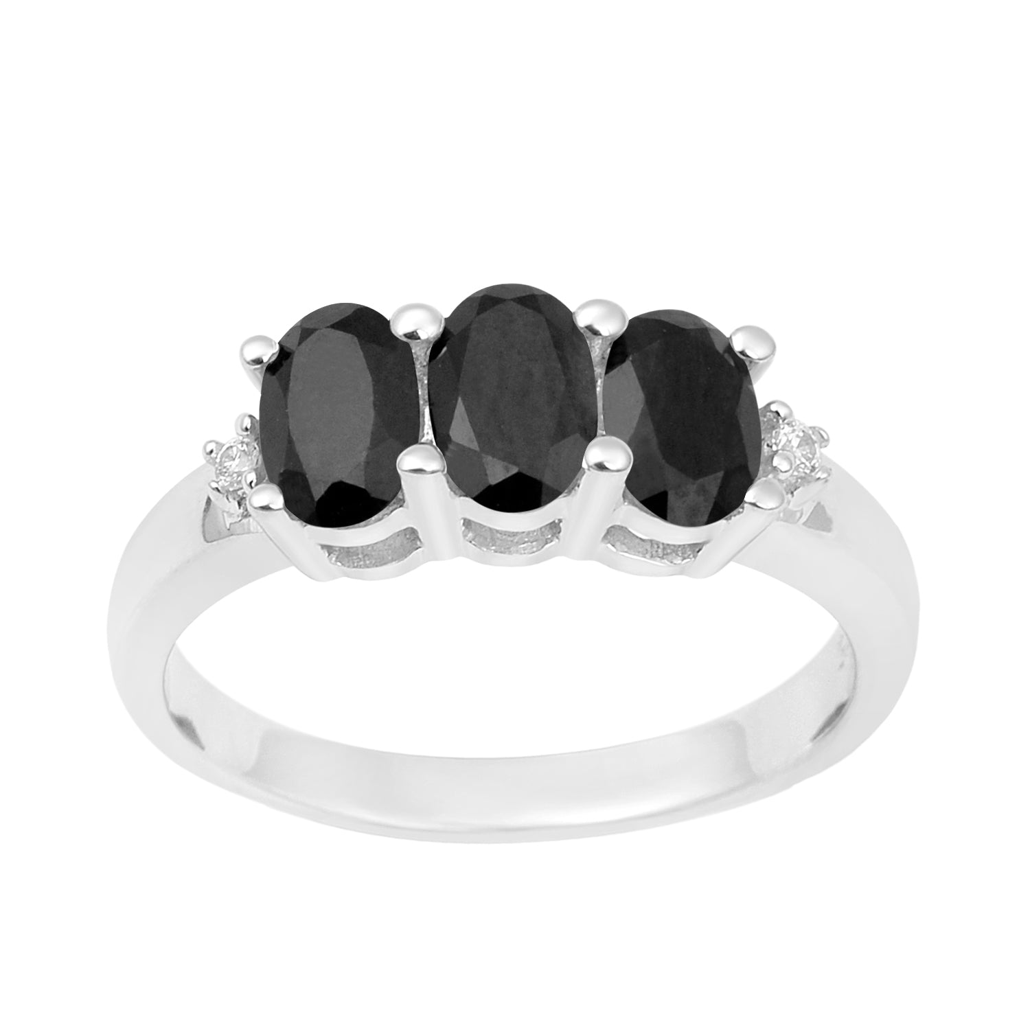 925 Sterling Silver Three-Stone Oval 1.35 Ctw Black Spinel Women's Ring - Kimaya INC