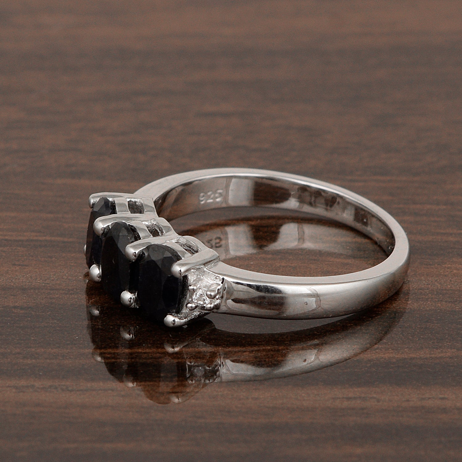 925 Sterling Silver Three-Stone Oval 1.35 Ctw Black Spinel Women's Ring - Kimaya INC