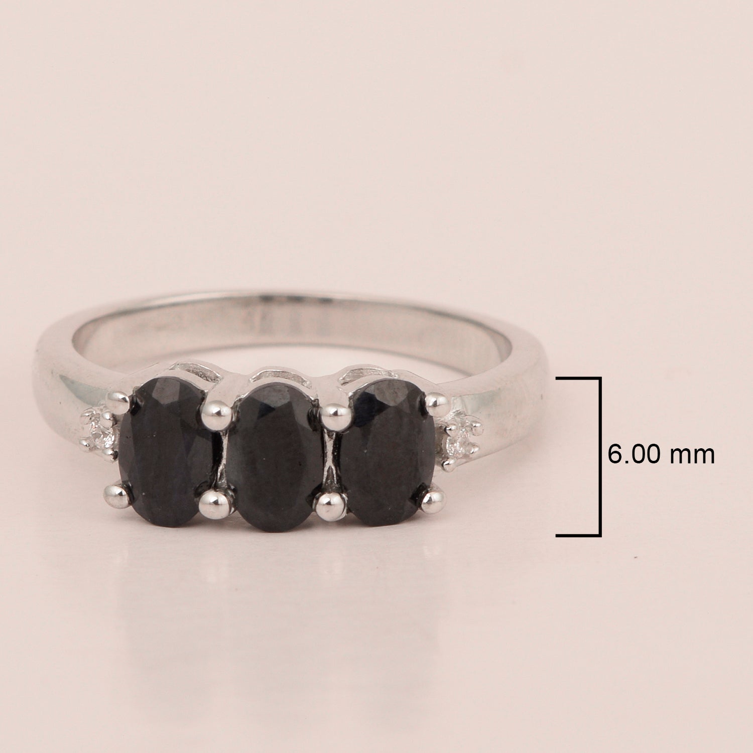 925 Sterling Silver Three-Stone Oval 1.35 Ctw Black Spinel Women's Ring - Kimaya INC