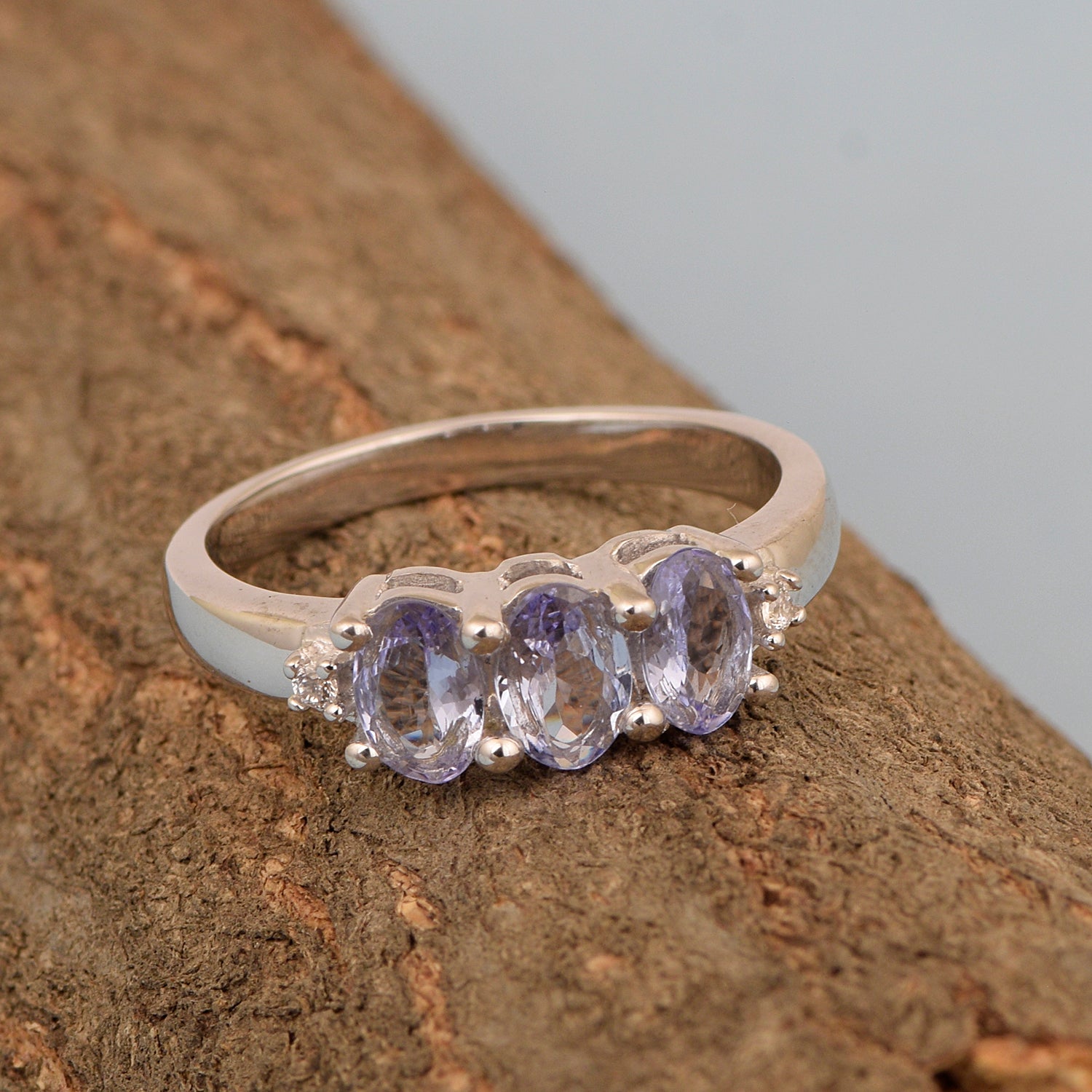 925 Sterling Silver Three-Stone Oval 1.35 Ctw Tanzanite Women's Ring - Kimaya INC