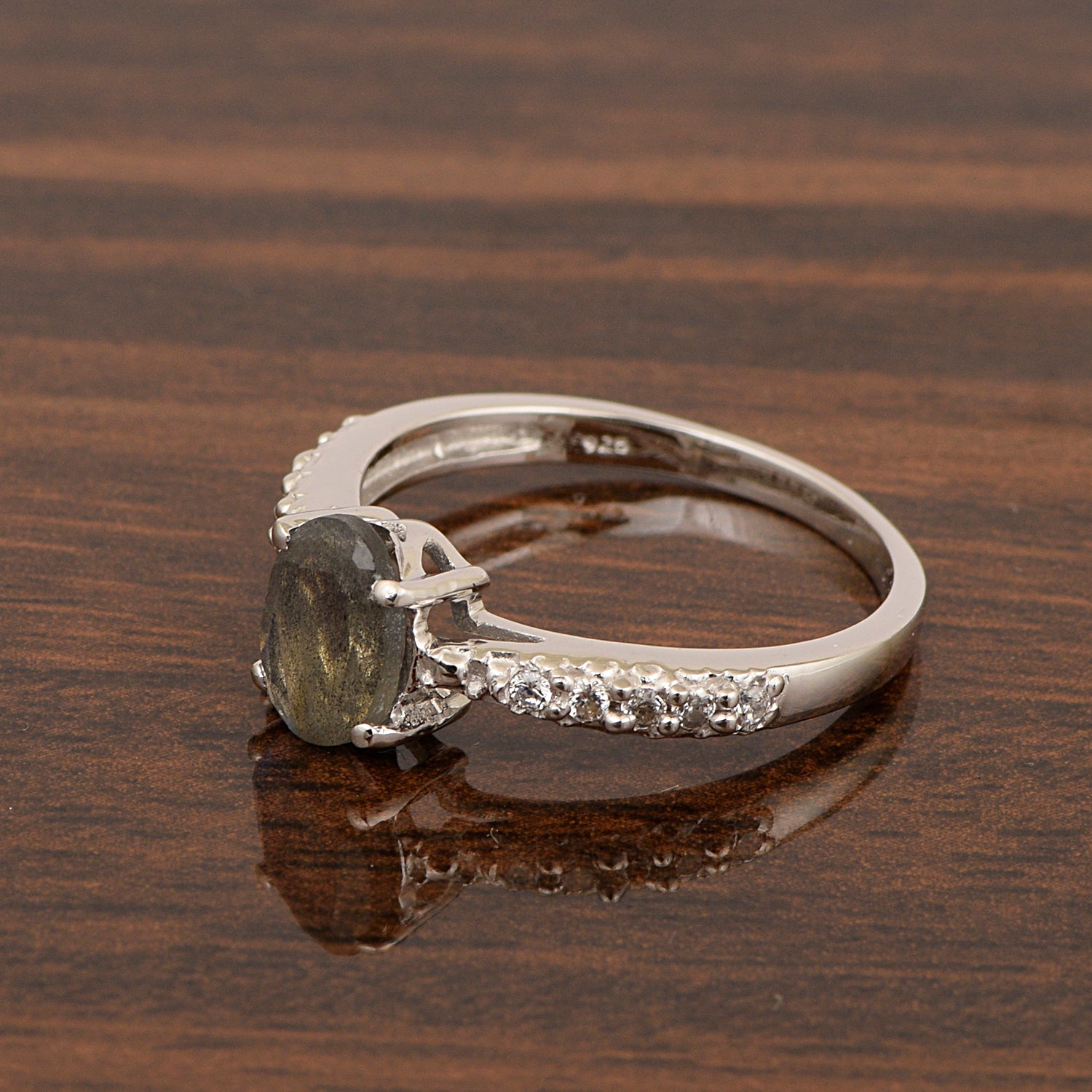 Solitaire Oval Cut 1.5 Ctw Labradorite & White Accents 925 Sterling Silver Women Wedding Ring - Kimaya INC