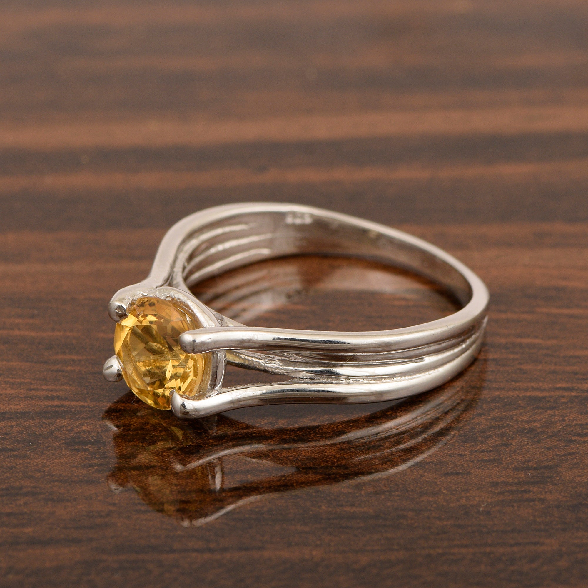 Solitaire Round 8mm Citrine 925 Sterling Silver Wedding Ring - Kimaya INC