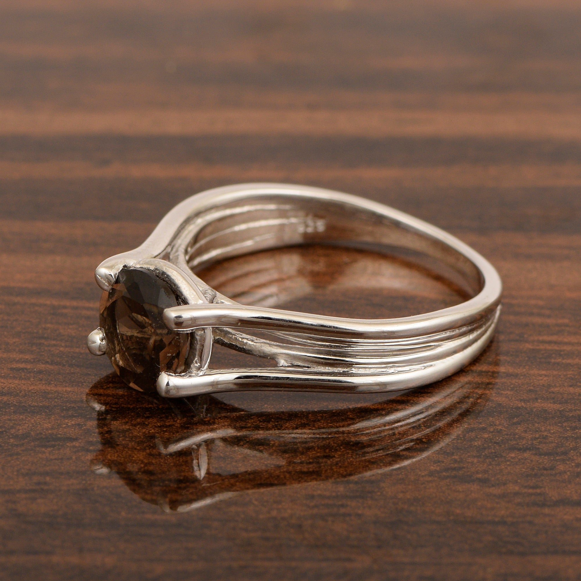 Solitaire Round 8mm Smoky Quartz 925 Sterling Silver Wedding Ring - Kimaya INC