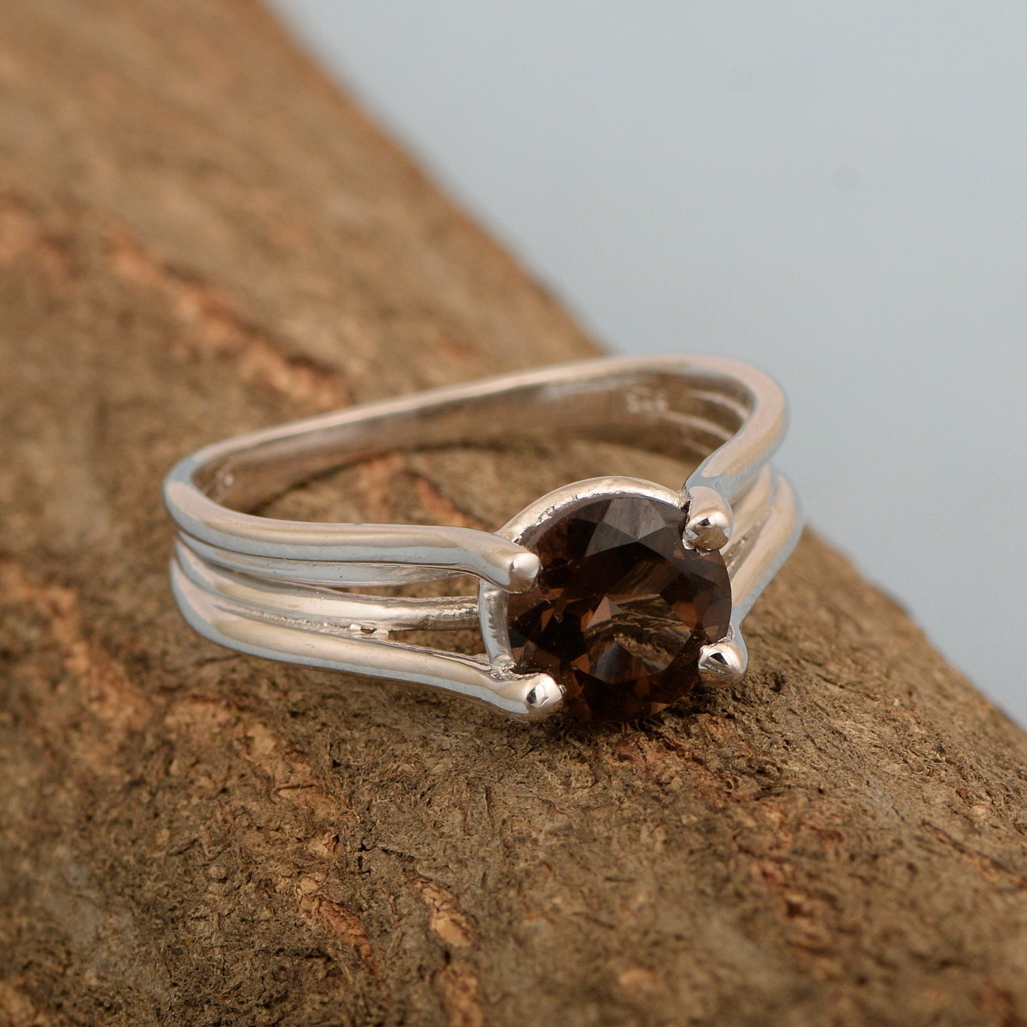 Solitaire Round 8mm Smoky Quartz 925 Sterling Silver Wedding Ring - Kimaya INC