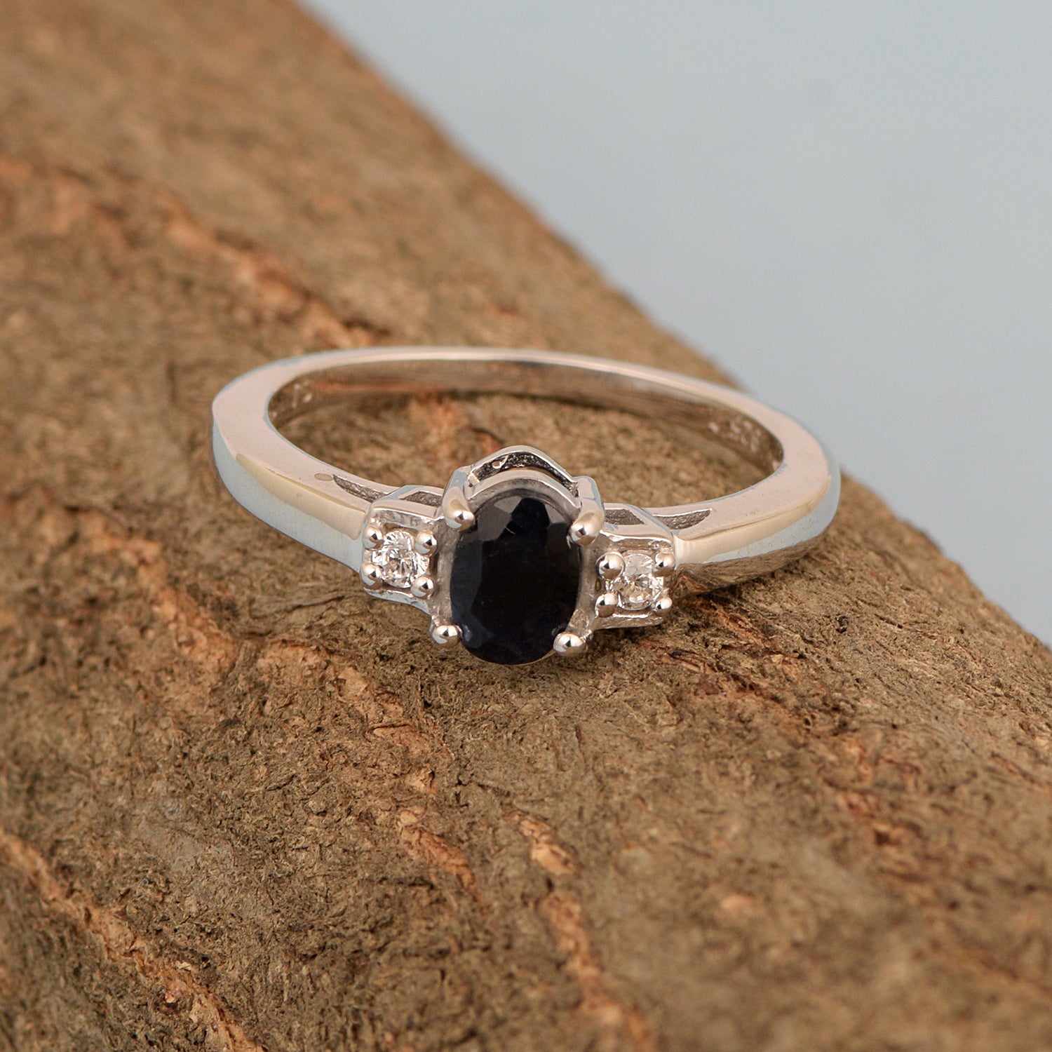 Blue Sapphire Oval 7X5 MM Gemstone 925 Sterling Silver 3-Stone Proposal Ring - Kimaya INC
