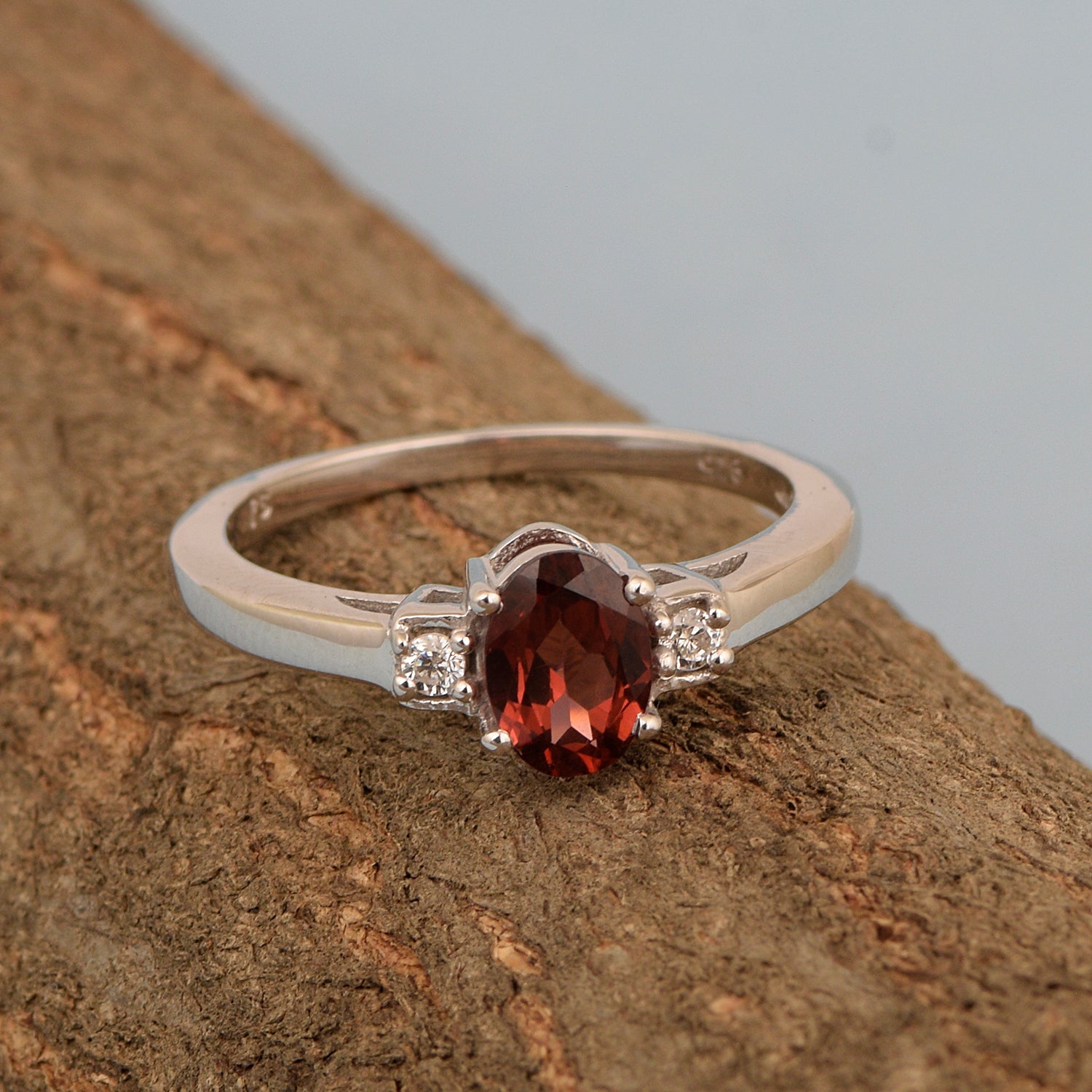 Garnet Oval 7X5 MM Gemstone 925 Sterling Silver 3-Stone Proposal Ring - Kimaya INC