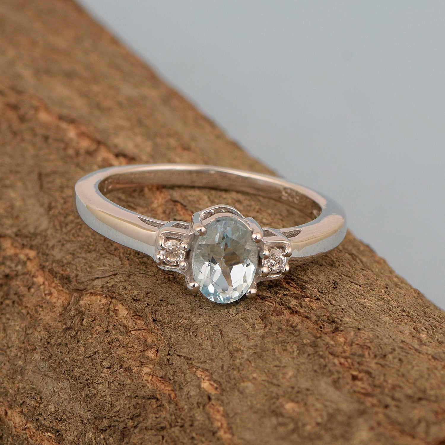 Swiss Blue Topaz Oval 7X5 MM Gemstone 925 Sterling Silver 3-Stone Proposal Ring - Kimaya INC