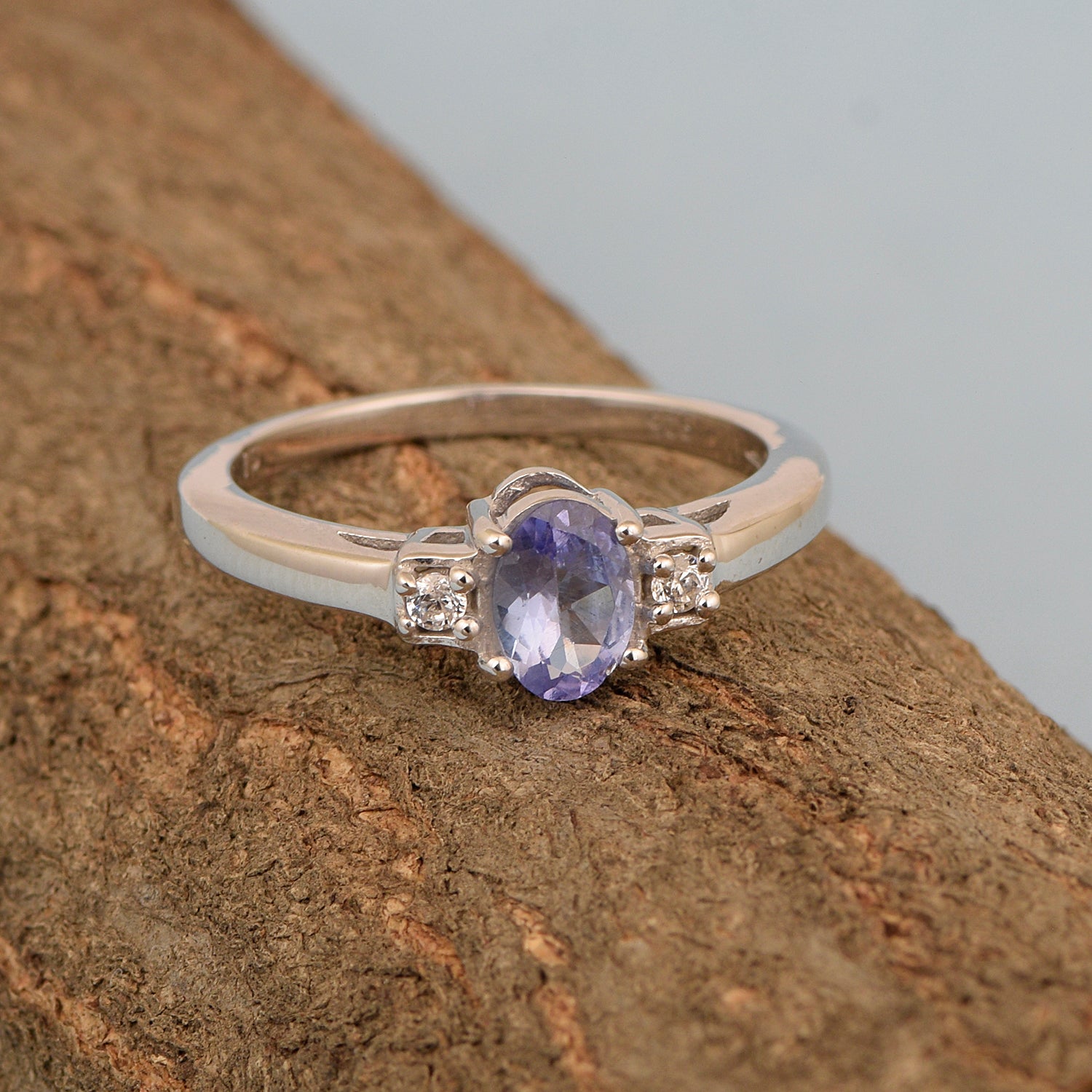 Tanzanite Oval 7X5 MM Gemstone 925 Sterling Silver 3-Stone Proposal Ring - Kimaya INC