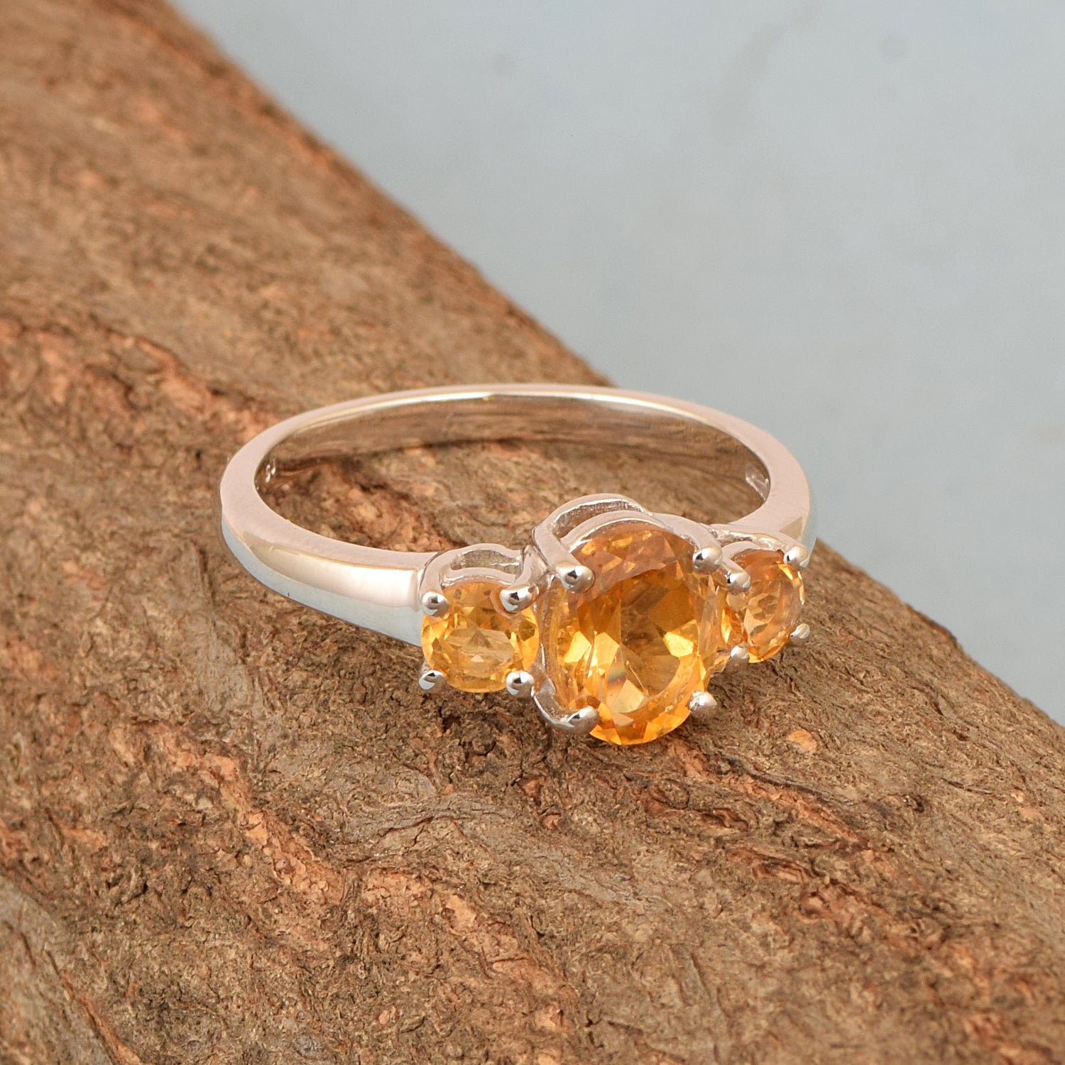 925 Sterling Silver Oval Cut 2.5 Ctw Citrine Gemstone 3-Stone Ring - Kimaya INC