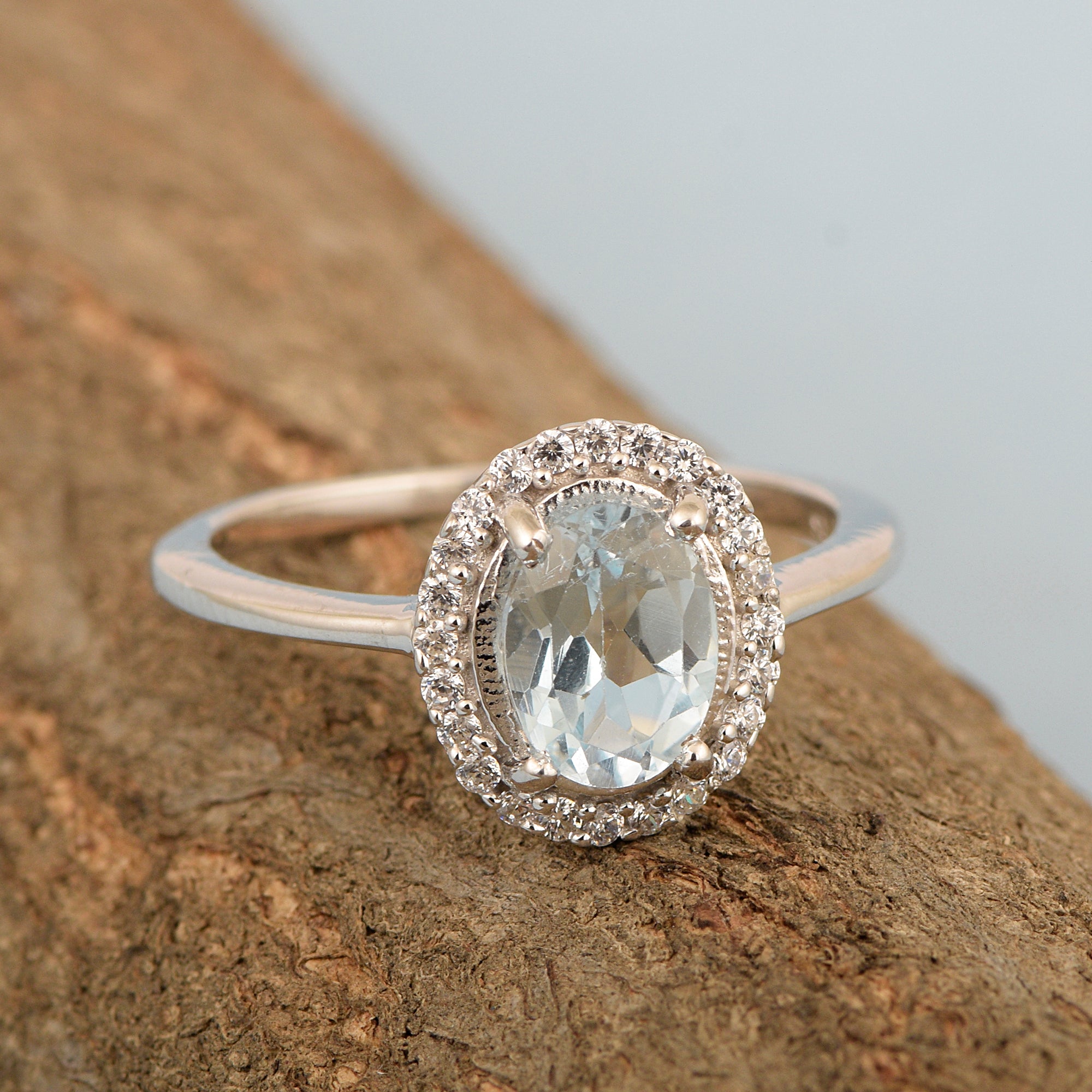 Art Deco Oval 8X6 MM Aquamarine Gemstone 925 Sterling Silver Women Ring - Kimaya INC