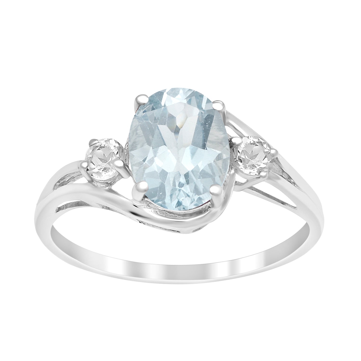 Sterling Silver Oval 2.25 Ctw Aquamarine with White Topaz Accent Women Rings - Kimaya INC