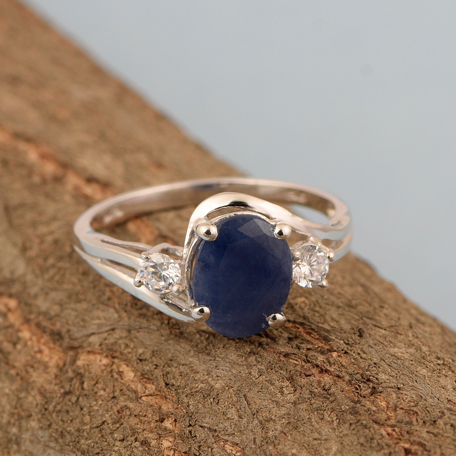 Sterling Silver Oval 2.25 Ctw Blue Sapphire with White Topaz Accent Women Rings - Kimaya INC