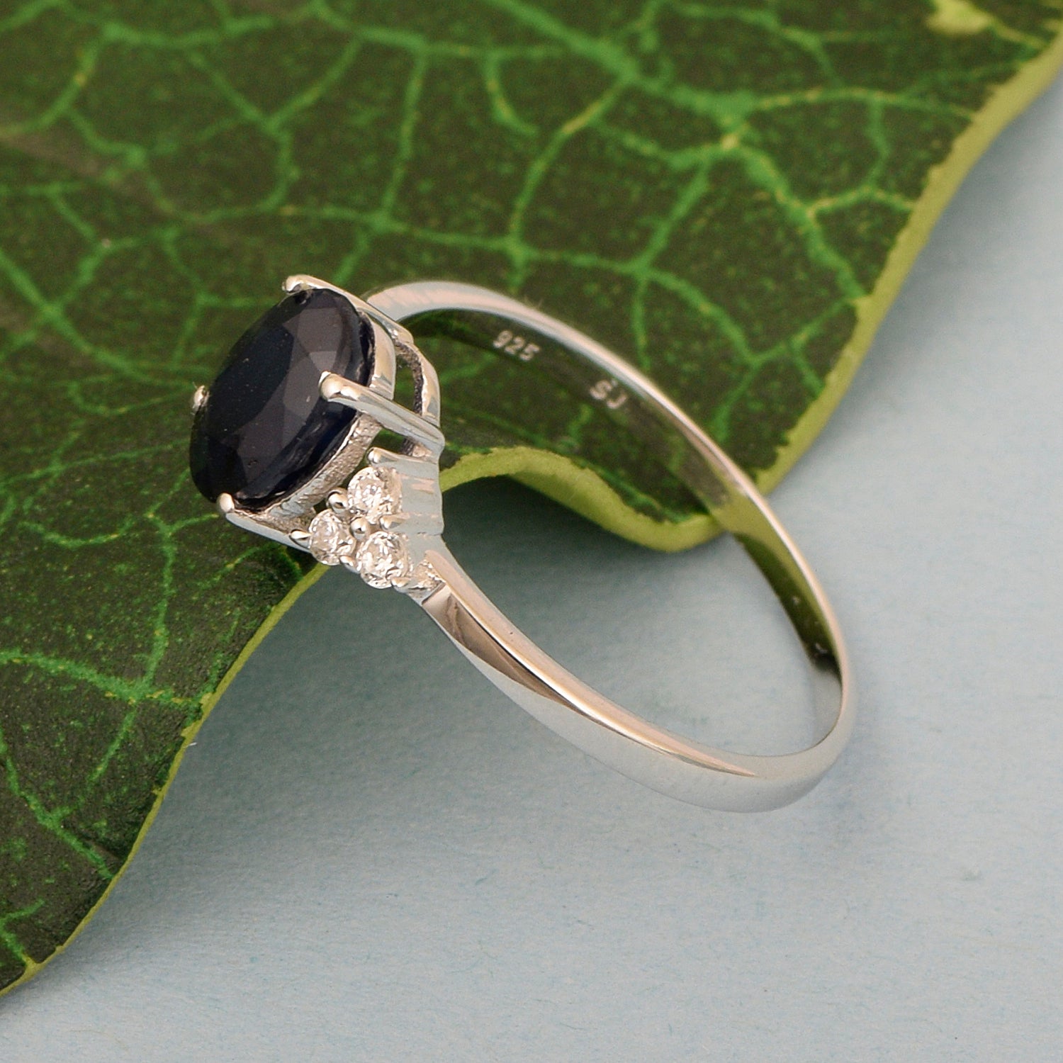 Solitaire Oval 8x6mm Blue Sapphire & White Accents Women Wedding Ring - Kimaya INC