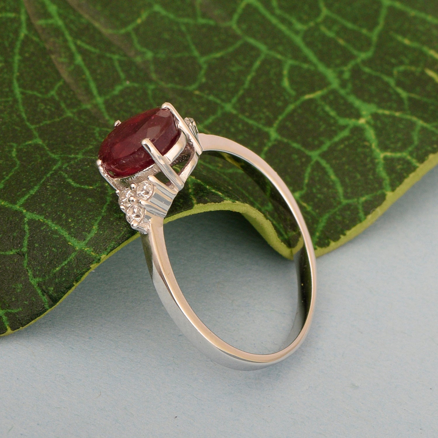Solitaire Oval 8x6mm Red Ruby & White Accents Women Wedding Ring - Kimaya INC