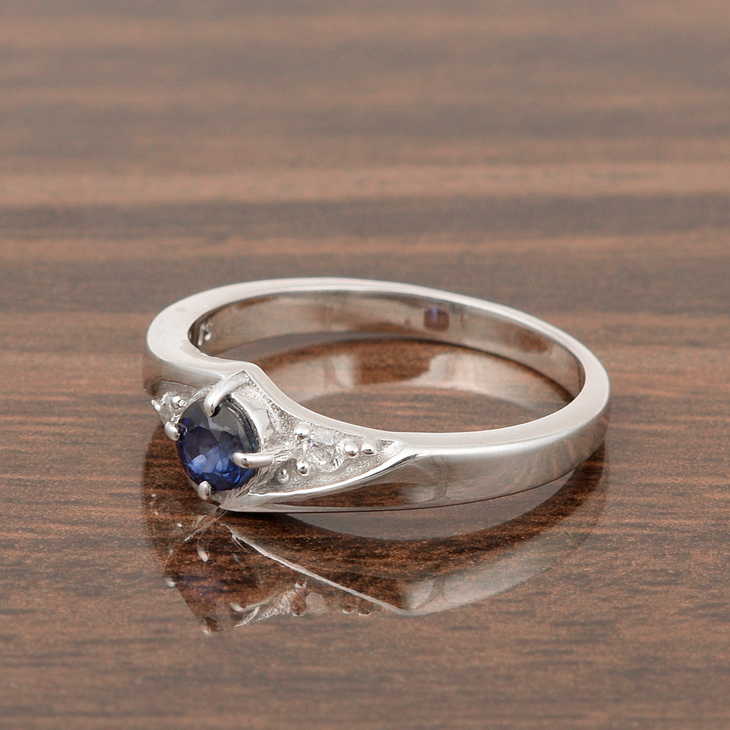 925 Sterling Silver Round Cut 4mm Blue Sapphire Women's Engagement Ring - Kimaya INC