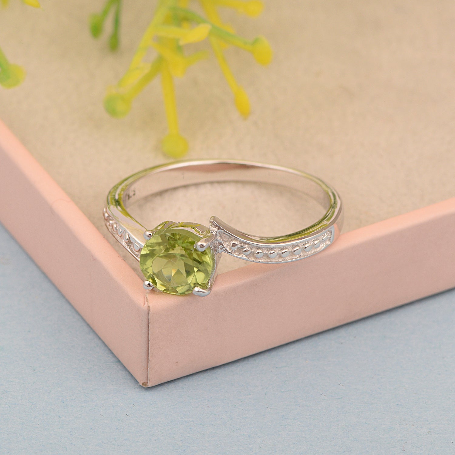 Solid 925 Sterling Silver Round 6mm Peridot Gemstone Women Promise Ring - Kimaya INC