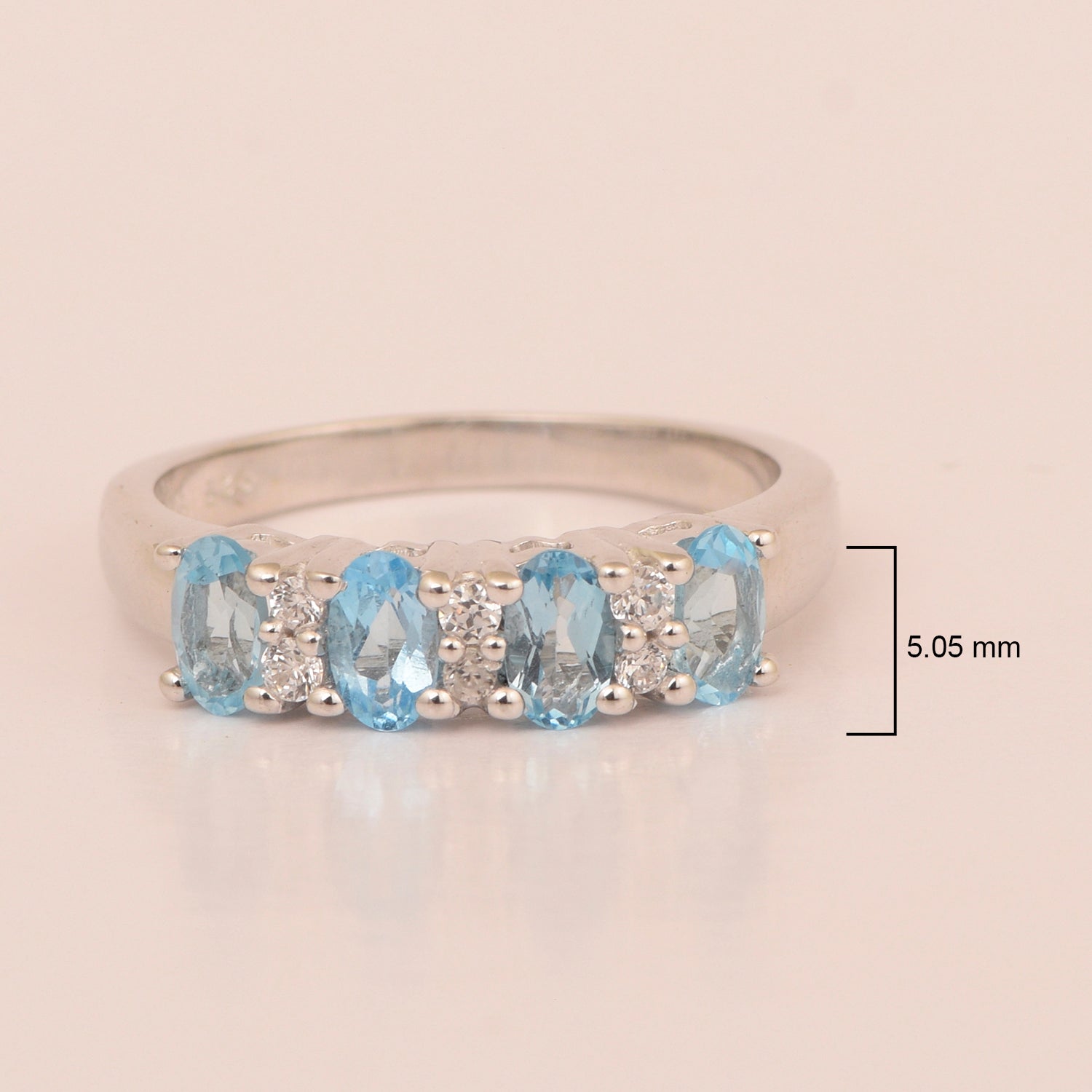 925 Sterling Silver Oval 5X3MM Aquamarine & White Topaz Women Wedding Ring - Kimaya INC