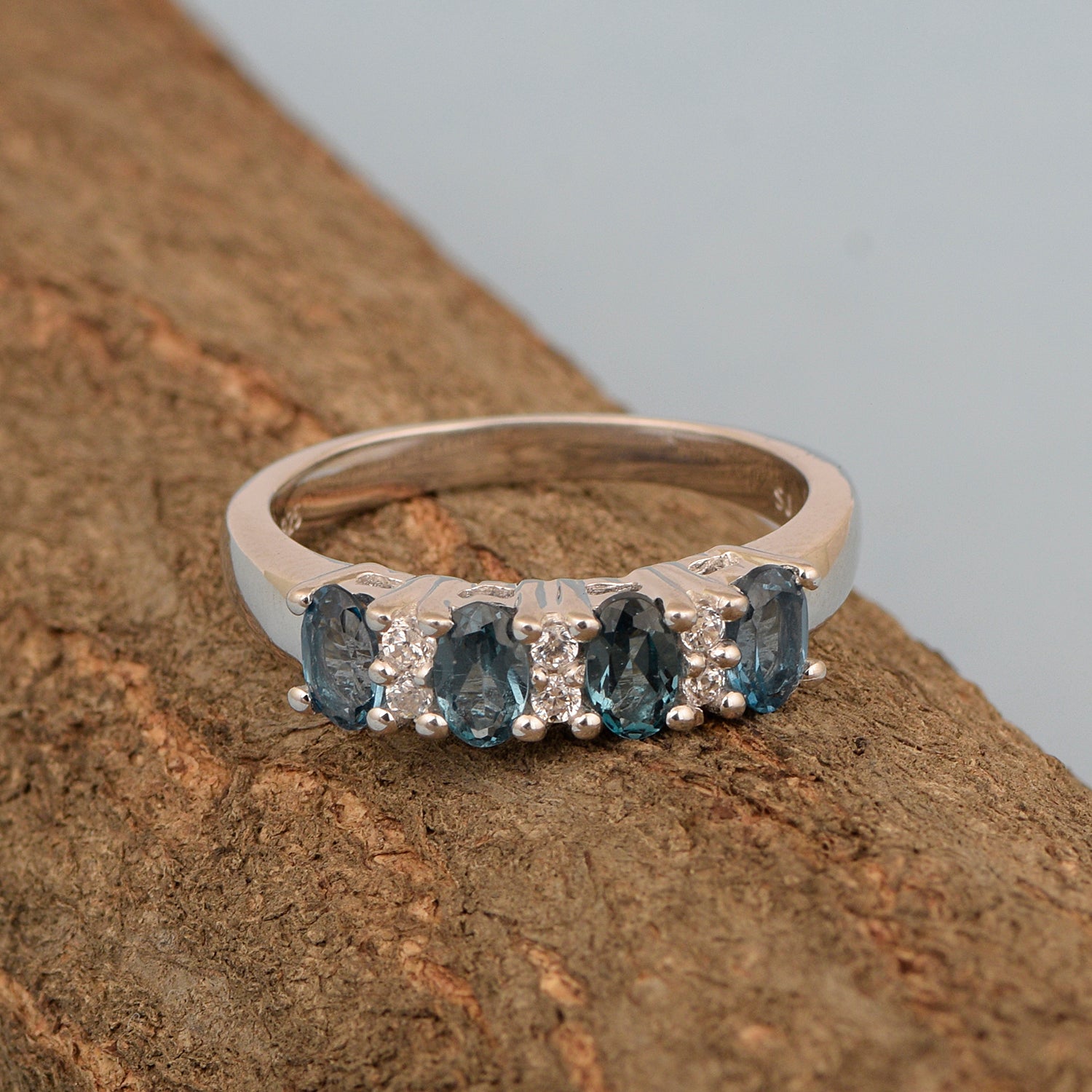 925 Sterling Silver Oval 5X3MM London Blue Topaz & White Topaz Women Wedding Ring - Kimaya INC