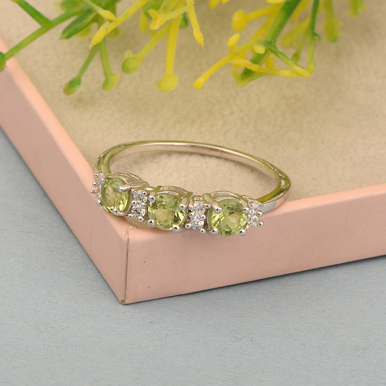 Three Stone Style Round Peridot 925 Sterling Silver Women Anniversary Ring - Kimaya INC
