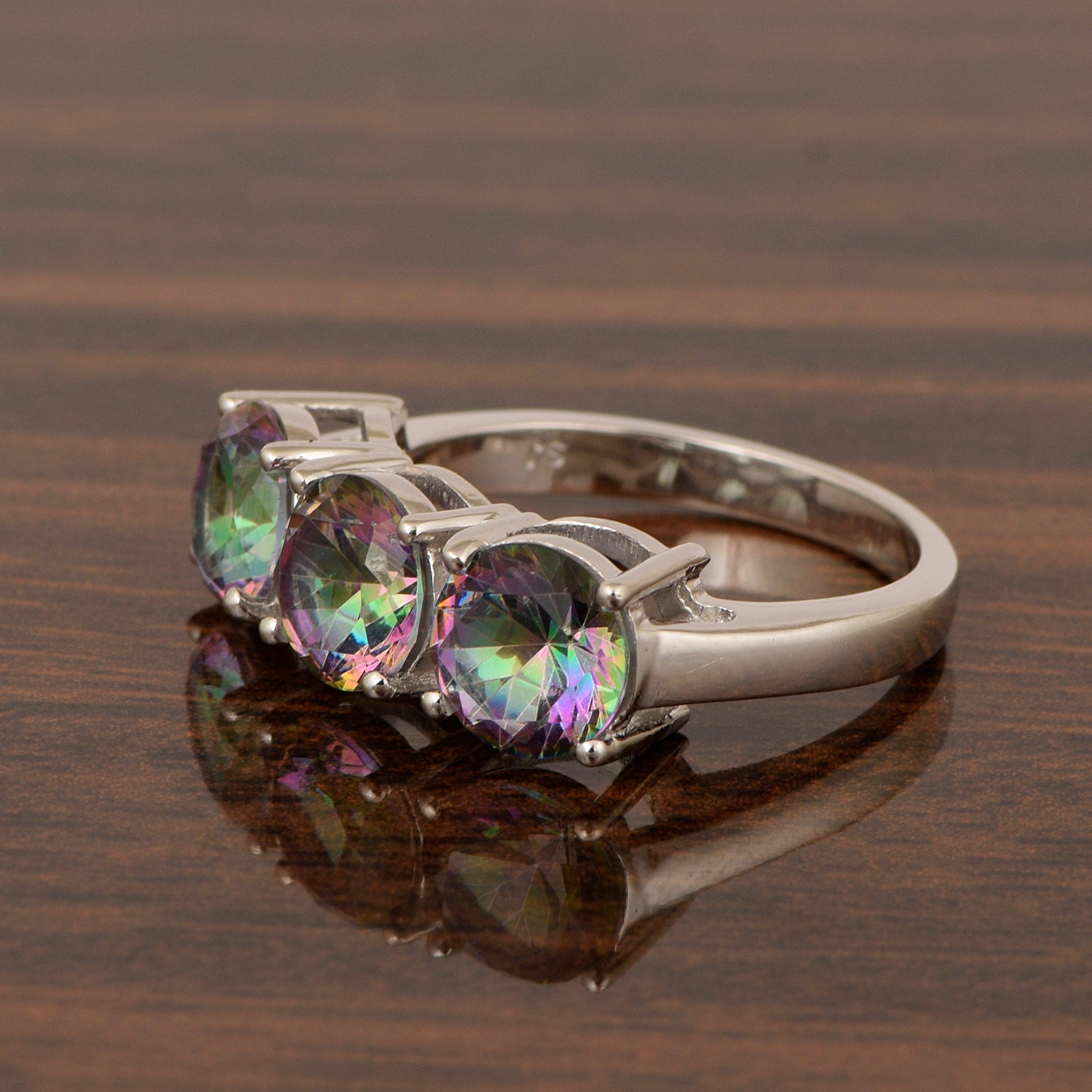 Sterling Silver Natural Mystic Topaz 3.55 Ctw Women's 3-Stone Design Ring - Kimaya INC