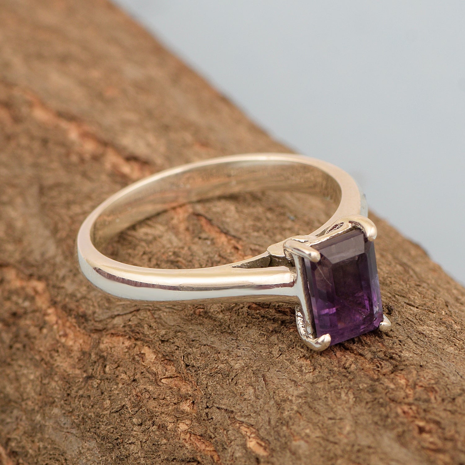 925 Sterling Silver Emerald Cut 7X5MM Amethyst Solitaire Women Ring - Kimaya INC