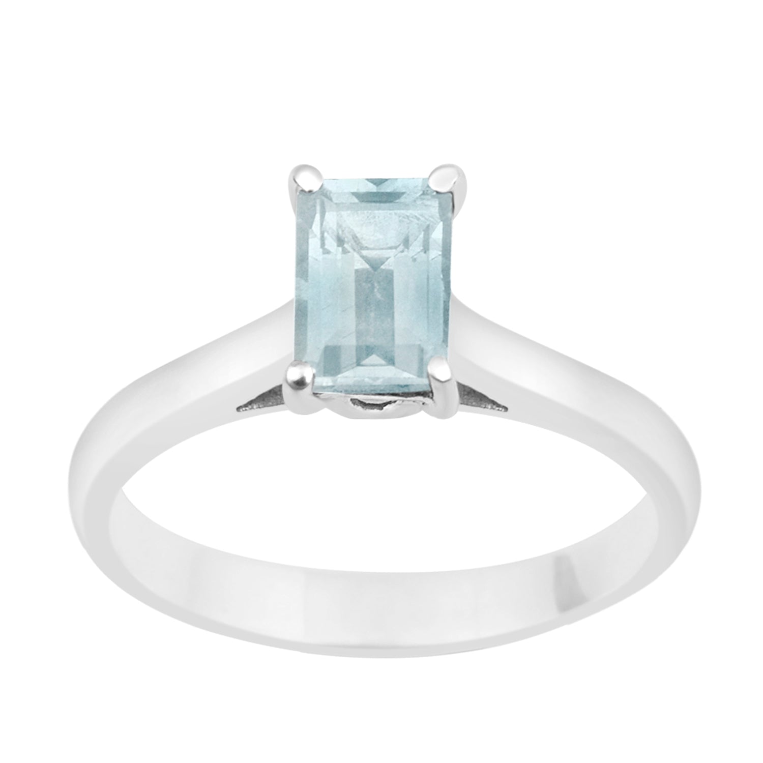 925 Sterling Silver Emerald Cut 7X5MM Aquamarine Solitaire Women Ring - Kimaya INC