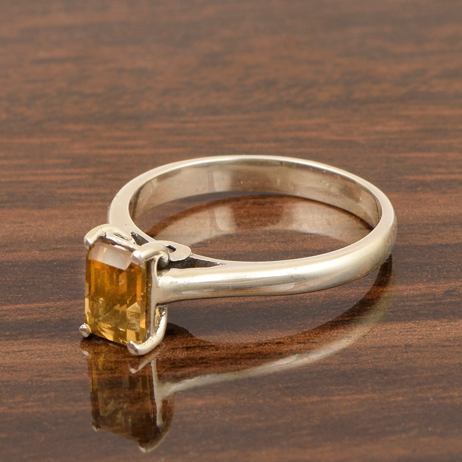 925 Sterling Silver Emerald Cut 7X5MM Citrine Solitaire Women Ring - Kimaya INC