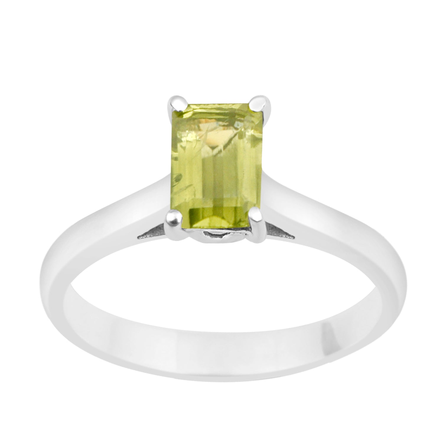 925 Sterling Silver Emerald Cut 7X5MM Peridot Solitaire Women Ring - Kimaya INC