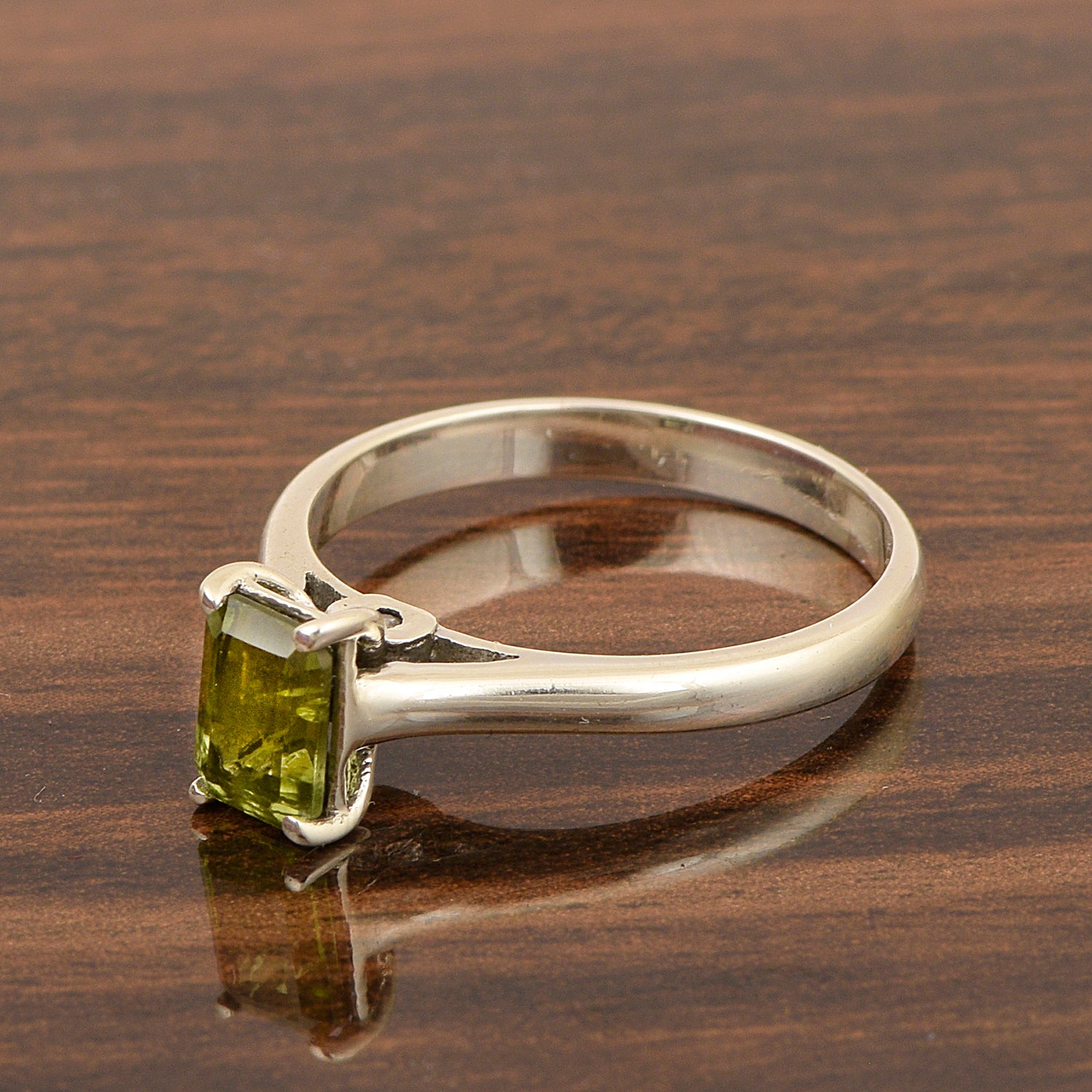 925 Sterling Silver Emerald Cut 7X5MM Peridot Solitaire Women Ring - Kimaya INC
