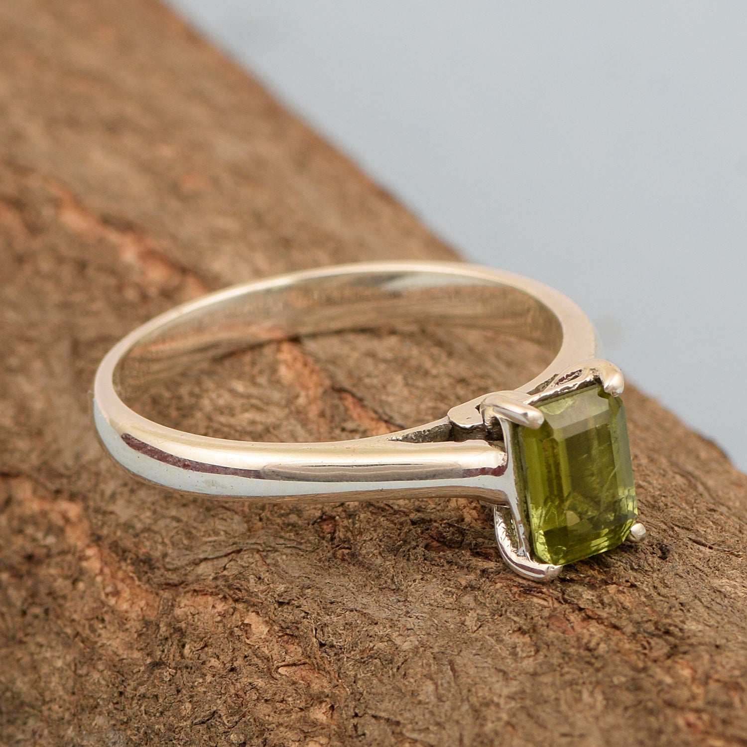 925 Sterling Silver Emerald Cut 7X5MM Peridot Solitaire Women Ring - Kimaya INC