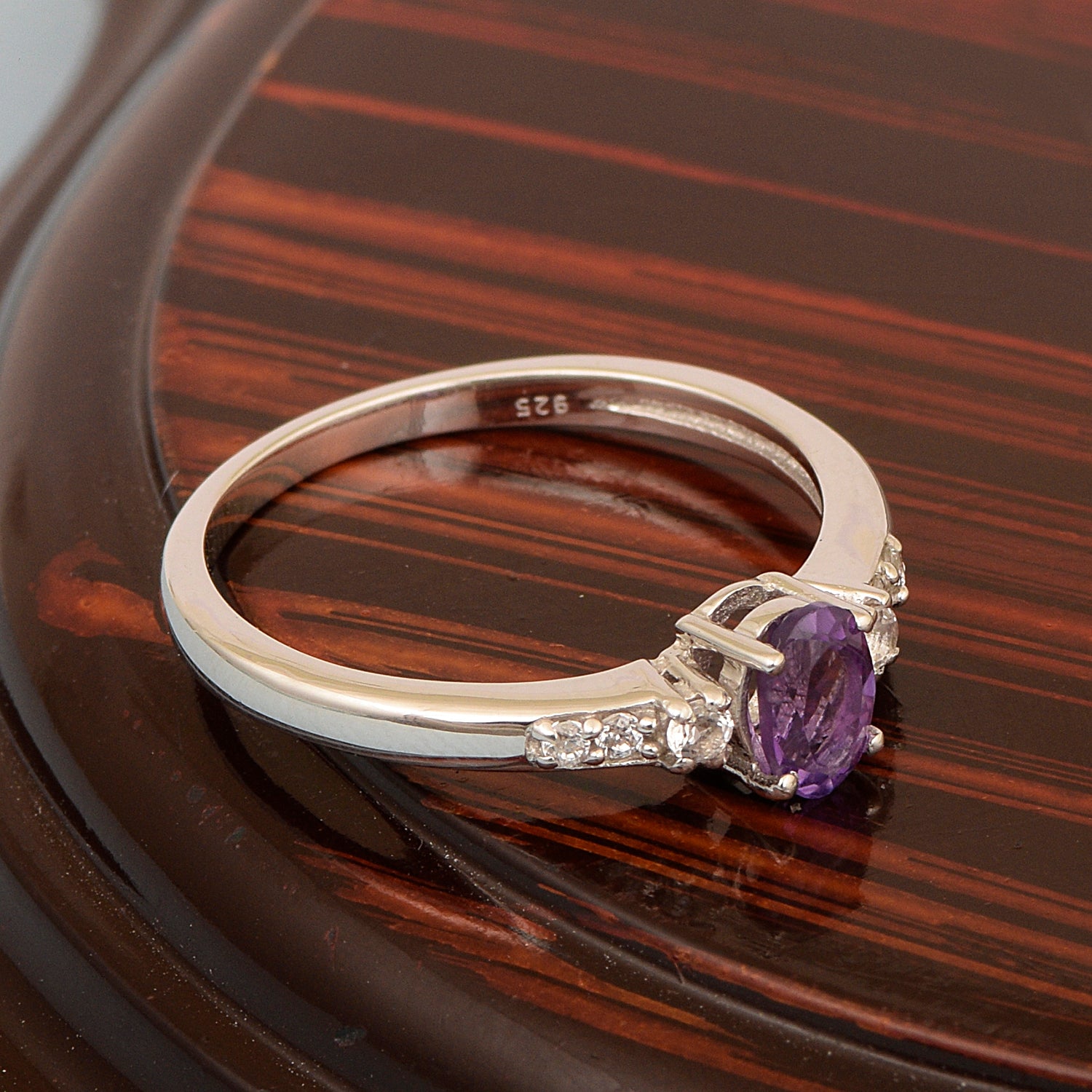 925 Sterling Silver Oval 6X4mm Amethyst & White Accents Women Engagement Ring - Kimaya INC