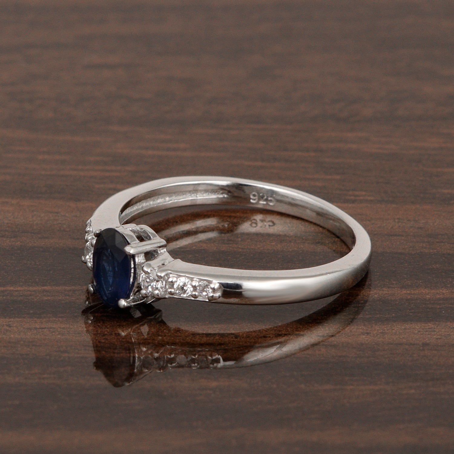 925 Sterling Silver Oval 6X4mm Blue Sapphire & White Accents Women Engagement Ring - Kimaya INC