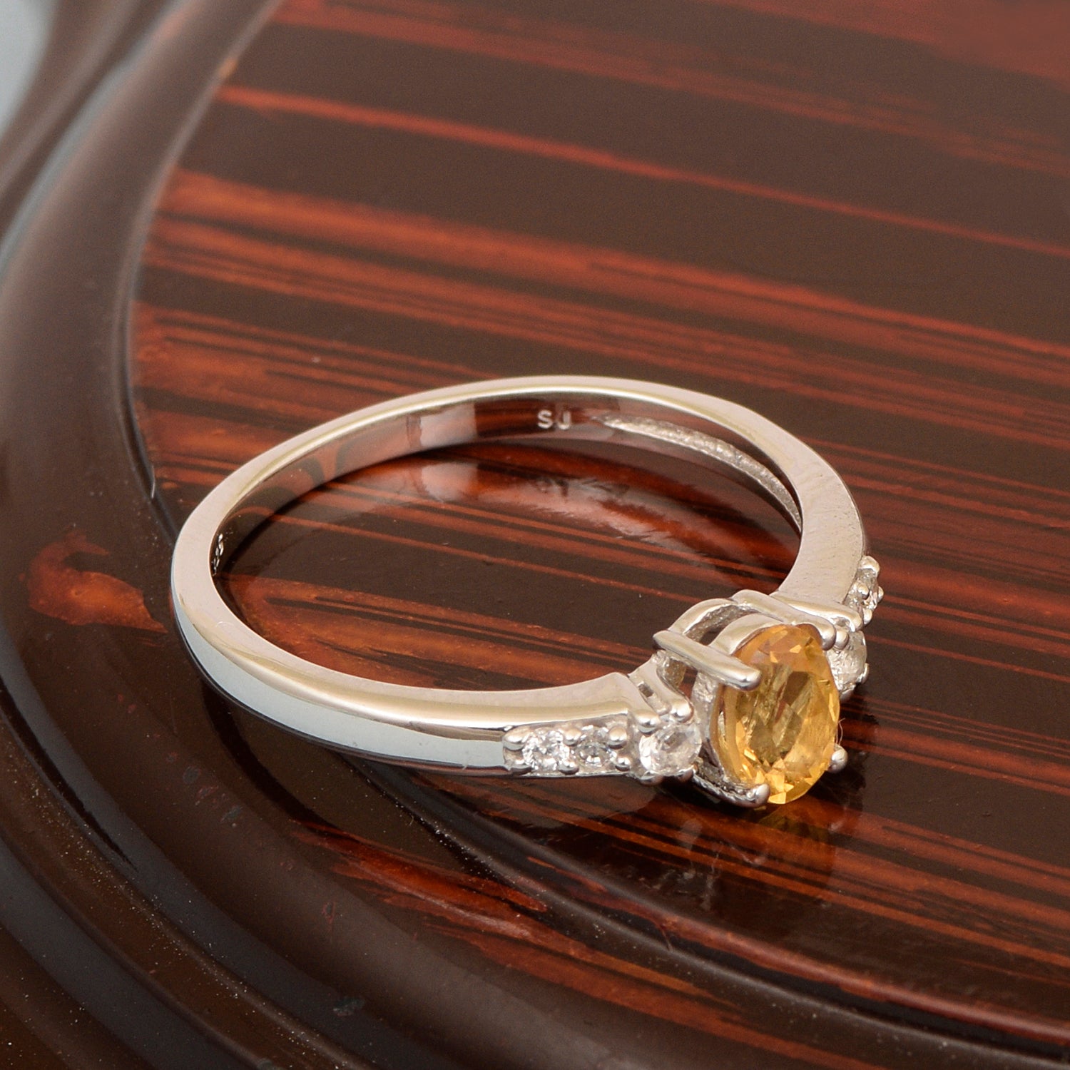 925 Sterling Silver Oval 6X4mm Citrine & White Accents Women Engagement Ring - Kimaya INC
