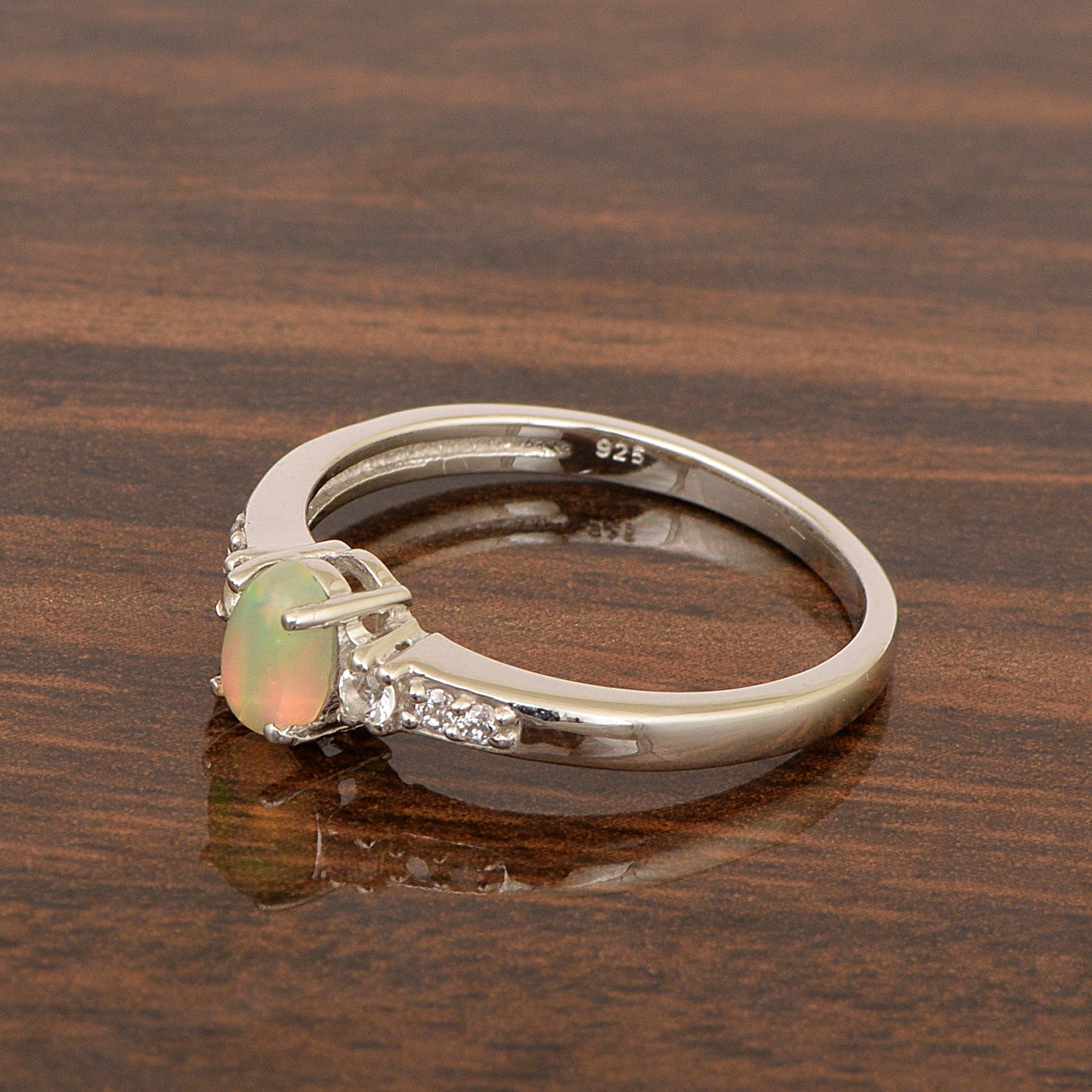 925 Sterling Silver Oval 6X4mm Opal & White Accents Women Engagement Ring - Kimaya INC