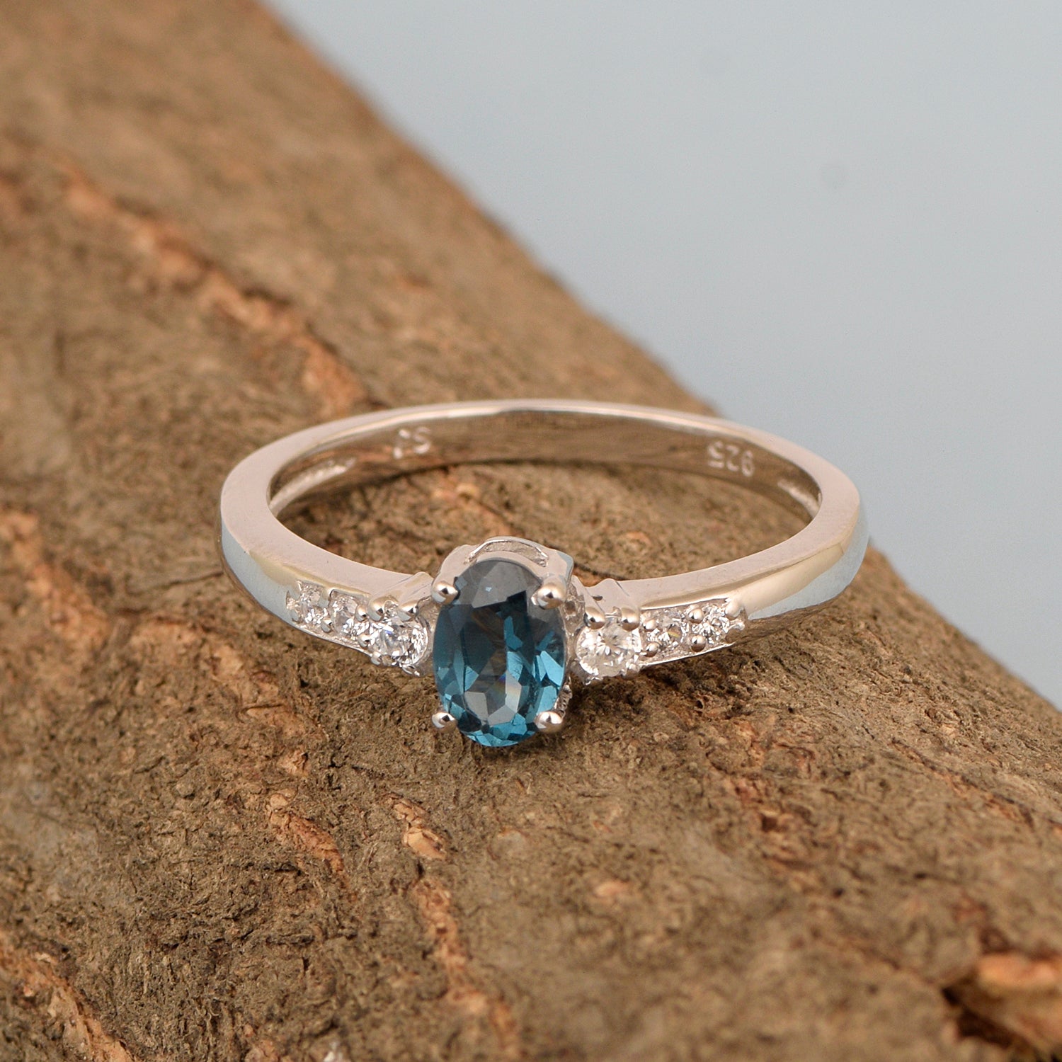 925 Sterling Silver Oval 6X4mm London Blue Topaz & White Accents Women Engagement Ring - Kimaya INC