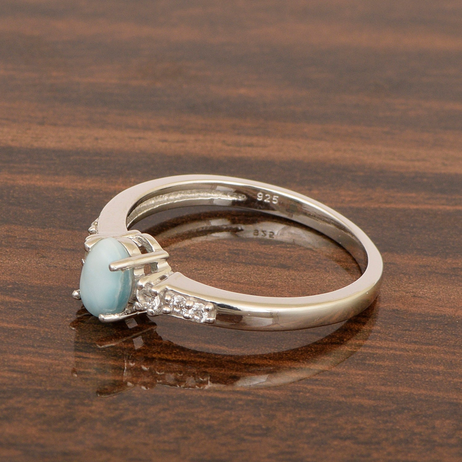 925 Sterling Silver Oval 6X4mm Larimar & White Accents Women Engagement Ring - Kimaya INC