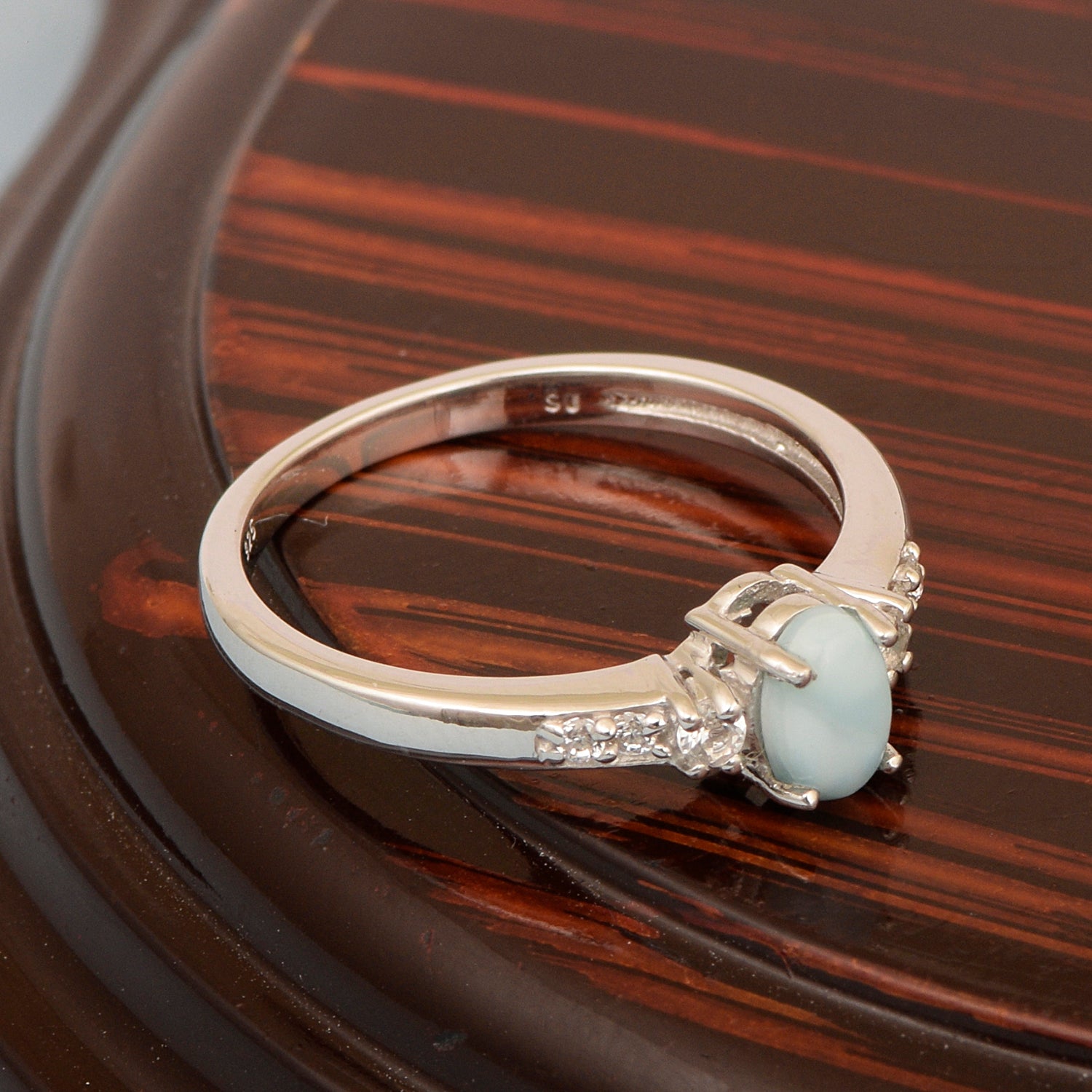925 Sterling Silver Oval 6X4mm Larimar & White Accents Women Engagement Ring - Kimaya INC