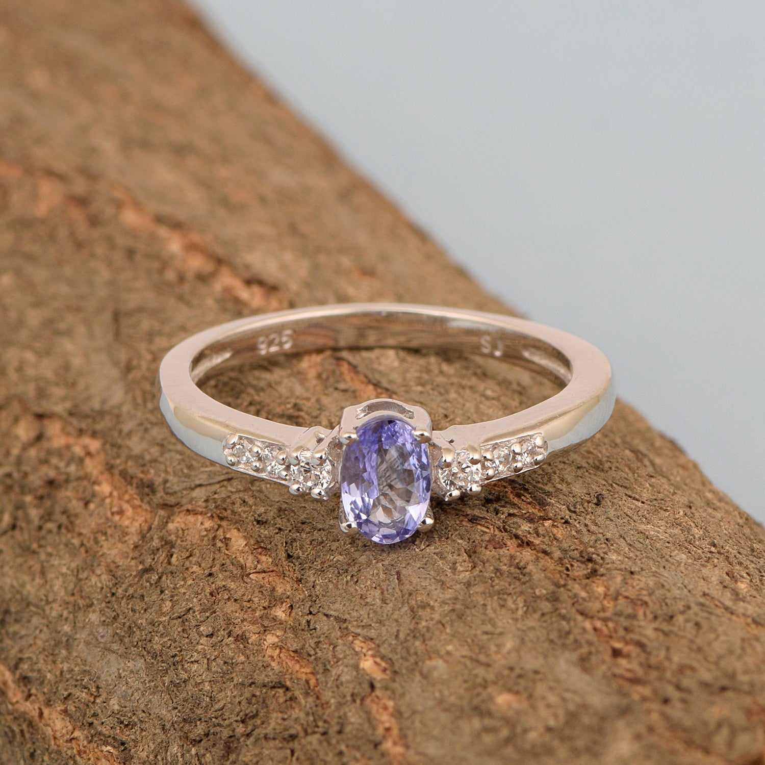 925 Sterling Silver Oval 6X4mm Tanzanite & White Accents Women Engagement Ring - Kimaya INC