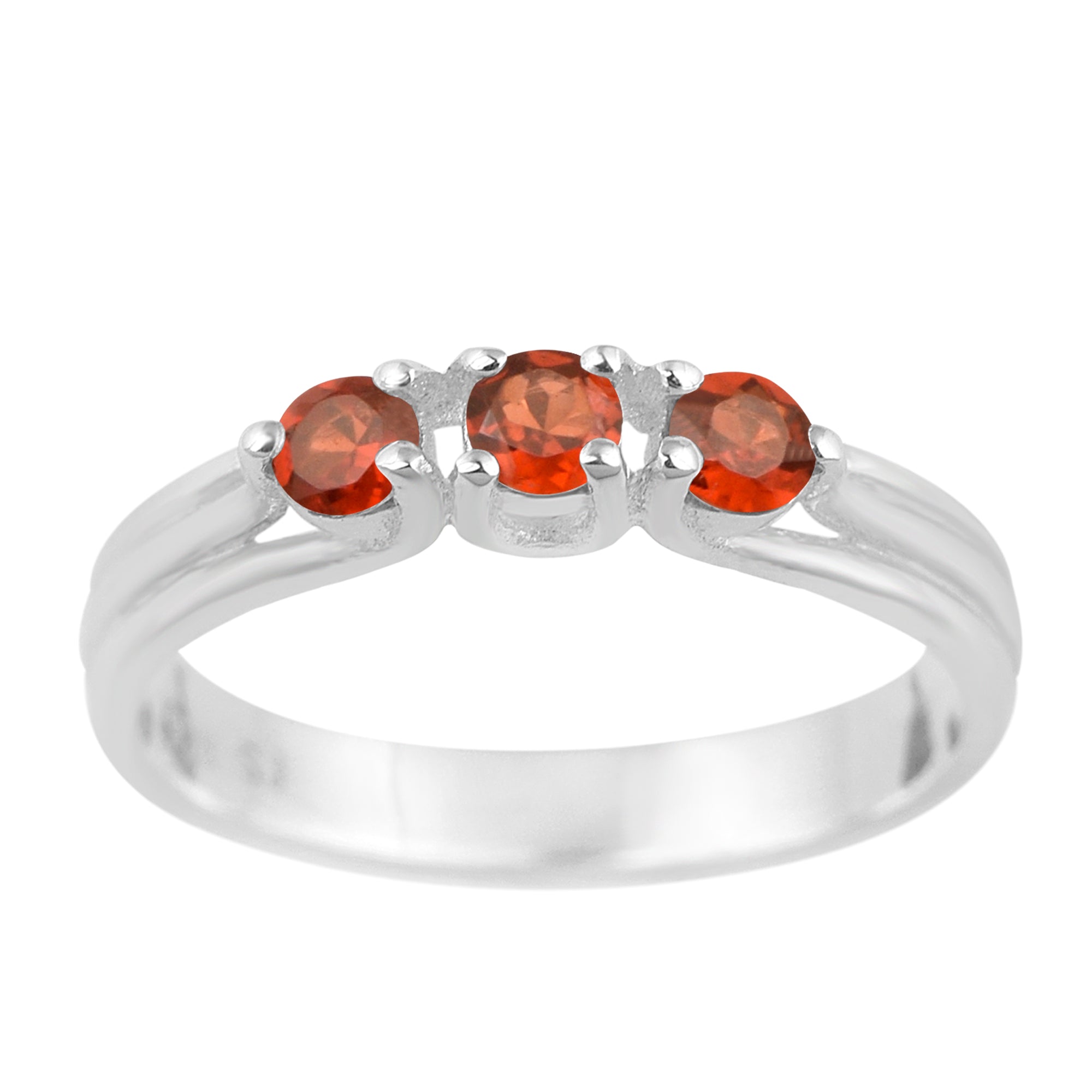 Trilogy Gemstone Round 3mm Garnet 925 Sterling Silver Platinum Plated Ring Gift for her - Kimaya INC