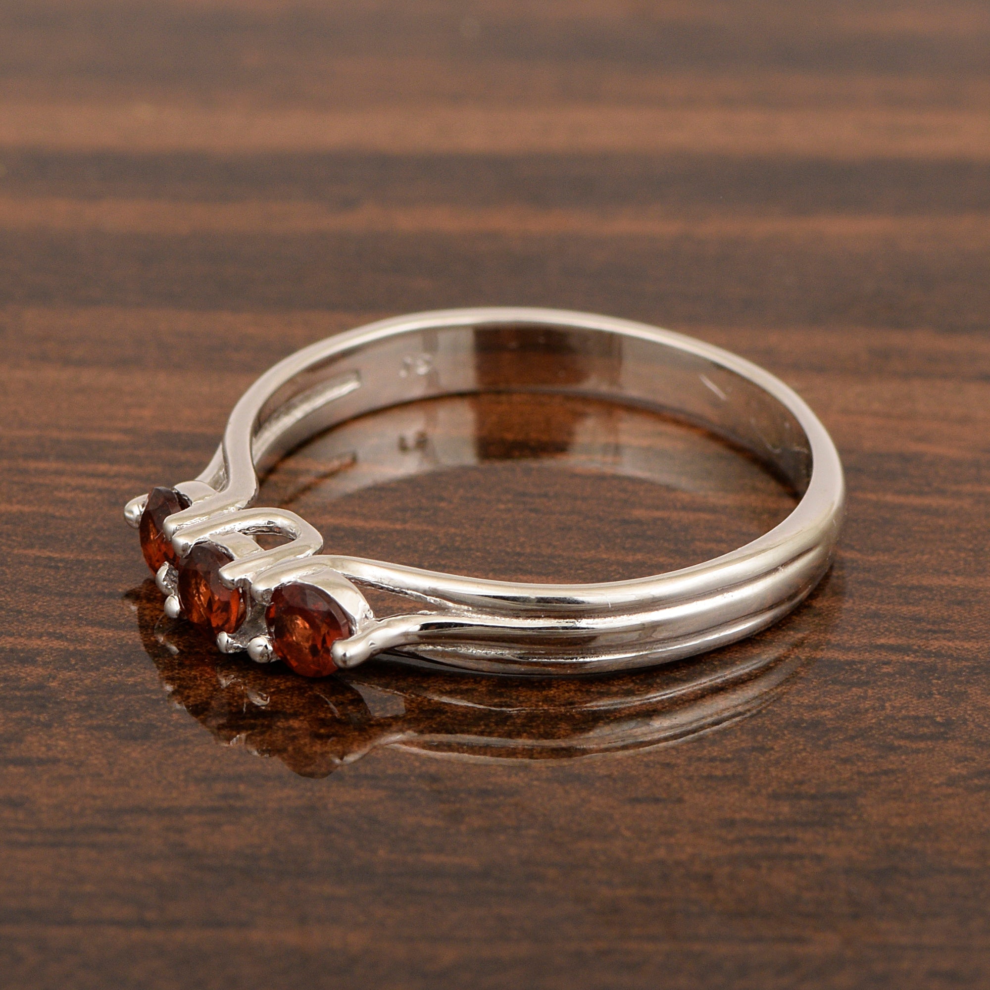 Trilogy Gemstone Round 3mm Garnet 925 Sterling Silver Platinum Plated Ring Gift for her - Kimaya INC