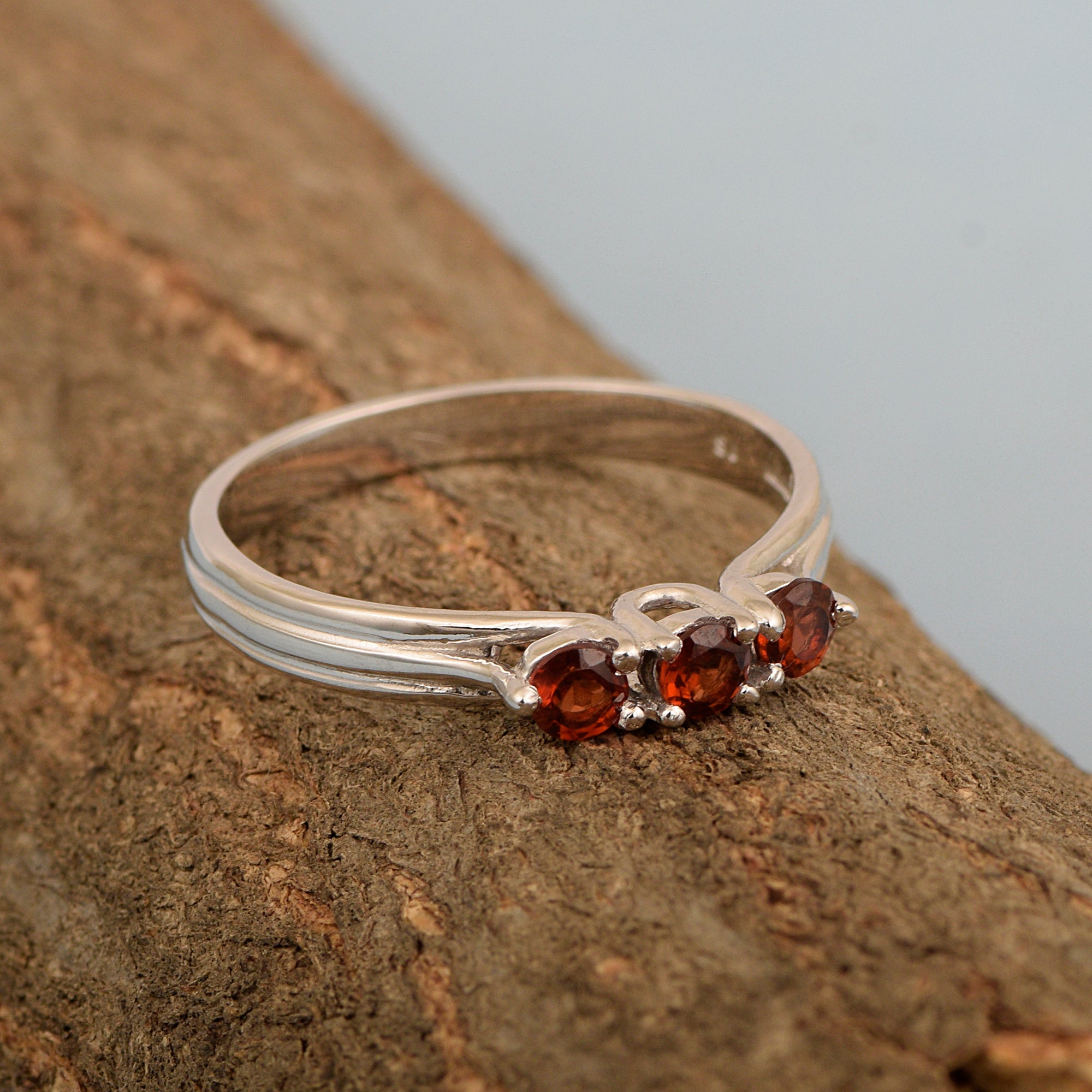 Trilogy Gemstone Round 3mm Garnet 925 Sterling Silver Platinum Plated Ring Gift for her - Kimaya INC