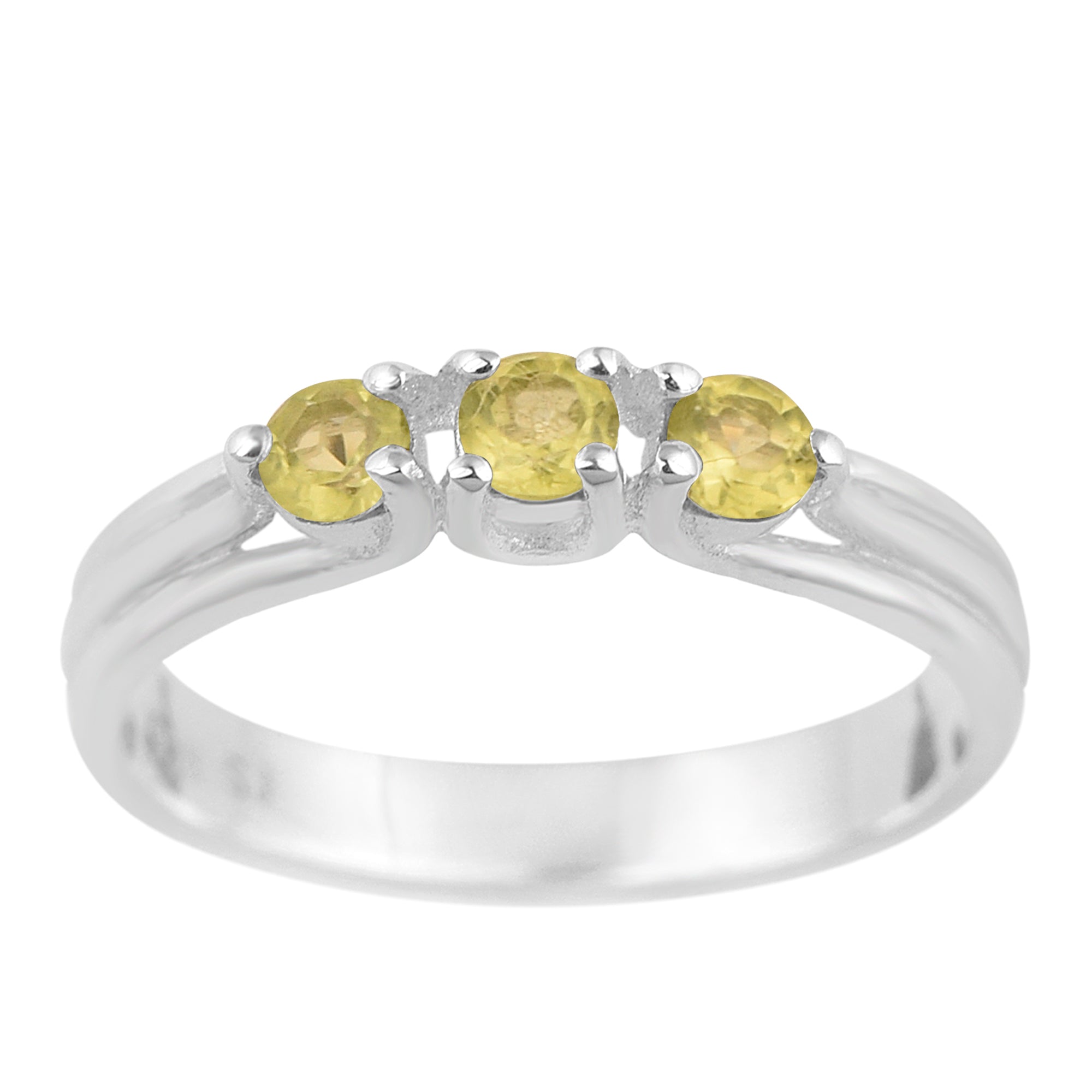 Trilogy Gemstone Round 3mm Peridot 925 Sterling Silver Platinum Plated Ring Gift for her - Kimaya INC