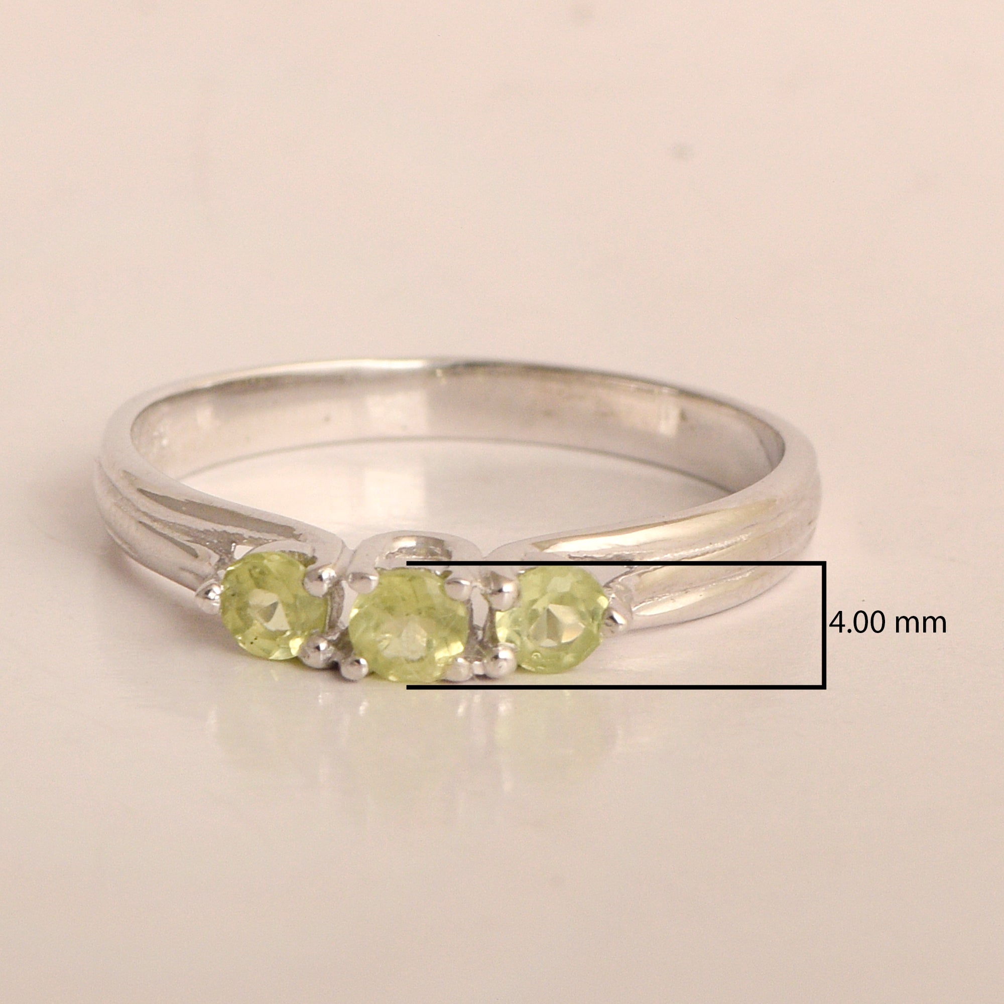 Trilogy Gemstone Round 3mm Peridot 925 Sterling Silver Platinum Plated Ring Gift for her - Kimaya INC