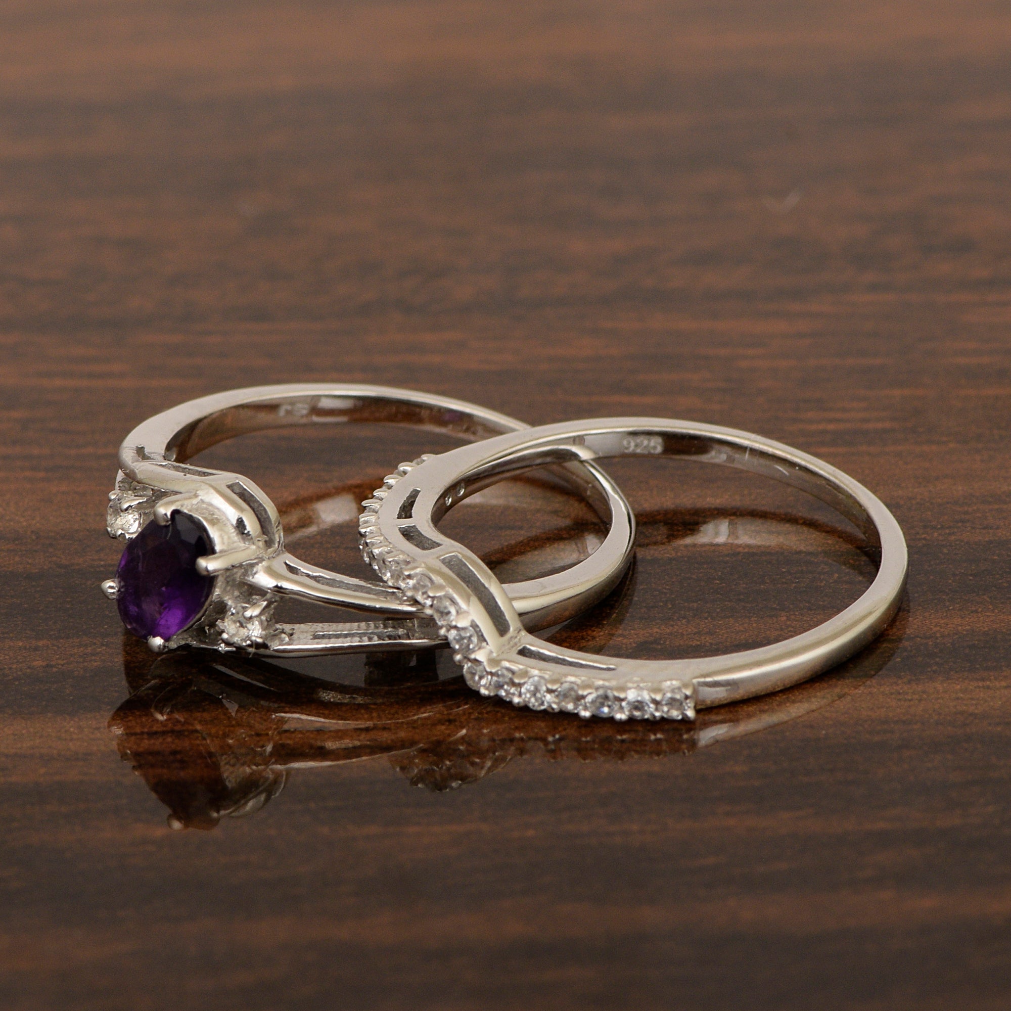925 Sterling Silver Amethyst 2pc Wedding Band Stackable Ring Set - Kimaya INC