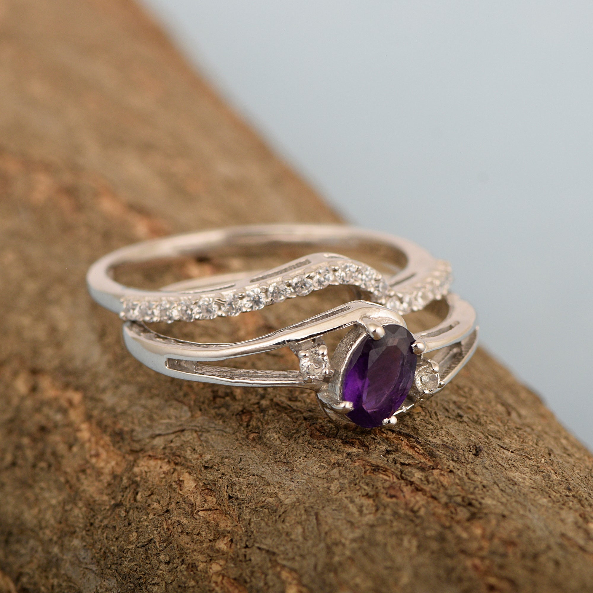 925 Sterling Silver Amethyst 2pc Wedding Band Stackable Ring Set - Kimaya INC