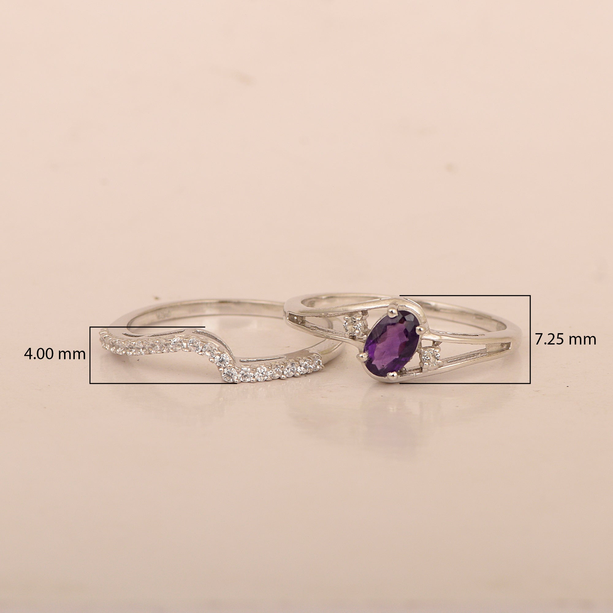 925 Sterling Silver Amethyst 2pc Wedding Band Stackable Ring Set - Kimaya INC