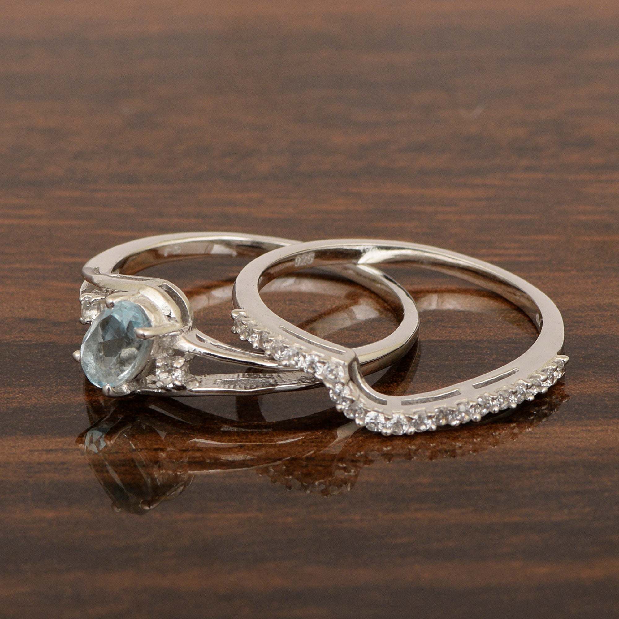 925 Sterling Silver Aquamarine 2pc Wedding Band Stackable Ring Set - Kimaya INC